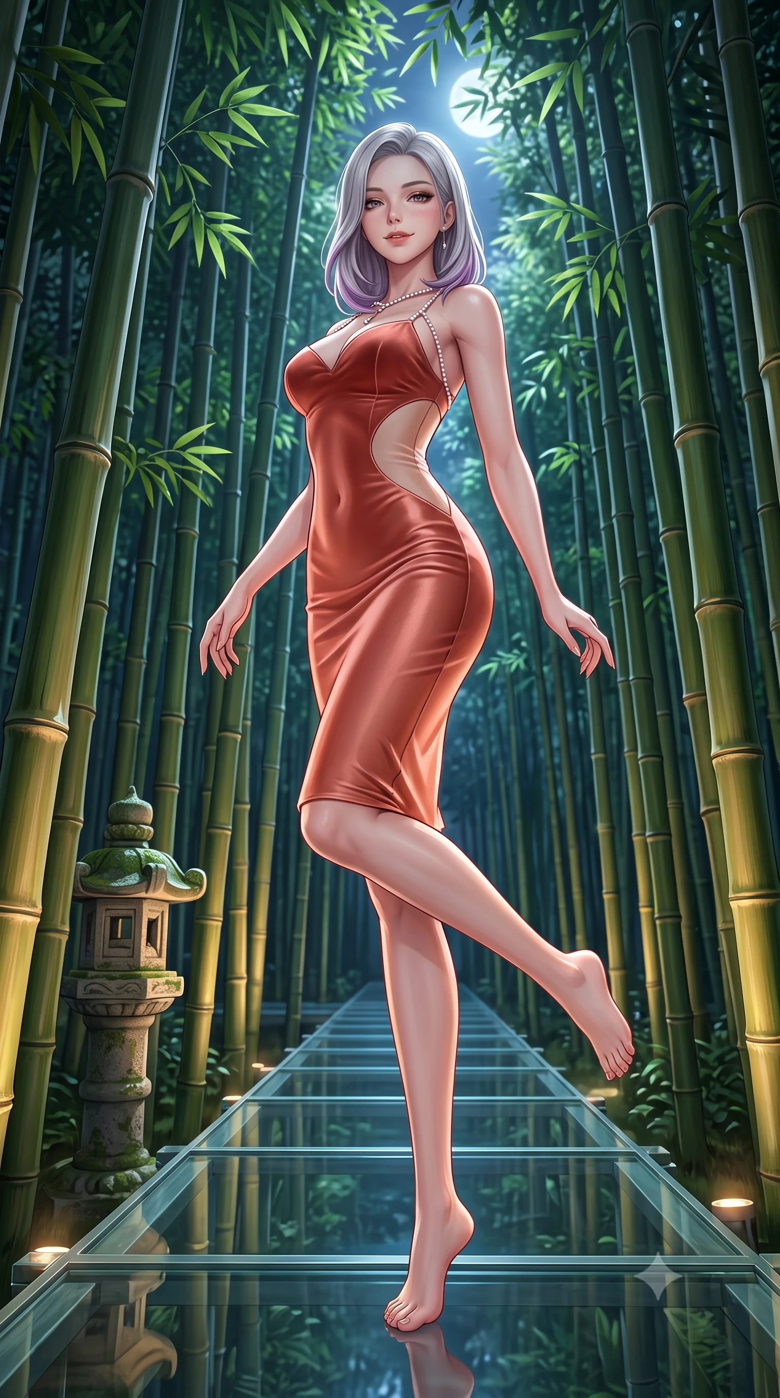 score_9, masterpiece, best quality, ultra-detailed, high-budget anime keyframe, semi-realistic 3D game render, editorial fashion photography, tasteful artistic composition, Caucasian woman. low angle full-body shot from head to toe showing her feet, filling the entire 9:16 vertical frame with her statuesque presence, stretching her vertical silhouette. reclining gracefully across the plush chaise lounge with one leg extended, her sculpted silhouette and flat midriff radiating magnetic nocturnal glamour while paused mid-step on the suspended glass walkway slicing through towering bamboo culms, arching her spine with ethereal siren poise as moonlight filters through green leaves. The surrounding environment is rendered in vivid detail and crisp panoramic clarity: sharp textured green bamboo joint rings, mossy stone lantern carving, and clear glass walkway joints in deep focus. She has an absolutely perfect, statuesque 8.5-heads proportion, an exceptionally tall and slender model-like female figure with impossibly long slender legs, an ultra-slim waist, a flat toned midriff, narrow delicate ribcage, and beautifully sculpted feminine hips creating a graceful, slim hourglass silhouette without any bulky heaviness. sharp v-shaped jawline, high-bridge nose, sparkling eyes with hypnotic seductive depth, thick curled eyelashes, glossy parted lips with a natural dewy peach sheen, alluring bedroom-eyes with an enchanting coquettish smile, exuding magnetic siren charisma and sophisticated glamour, flawlessly proportioned anatomical accuracy, strict slender model proportions, natural body alignment, perfectly sculpted long slender limbs, ultra-slim waistline, clean dynamic posture without body distortion. wearing a deep sweetheart-neckline velvet bodycon dress with sheer side-torso cutouts accentuating her hourglass curves in Positano terracotta and blush peach, crafted from fluid liquid silk satin that clings smoothly to every curve with a dewy sheen, accented with a pearl-drop body harness subtly framing her dewy collarbones and spine, the liquid-tight tailored fabric clinging flawlessly to her narrow waist and rounded feminine hips, emphasizing every millimeter of her sculpted slim hourglass curves without any bulky heaviness. bathed in soft 2700K warm upward spotlights illuminating the bamboo bases combined with cool silver moonbeams filtering through the canopy. highly saturated vibrant anime colors, detailed shading with soft gradients, rich glossy textures, high-contrast stereoscopic depth, volumetric dynamic lighting, master piece, 9:16 ratio