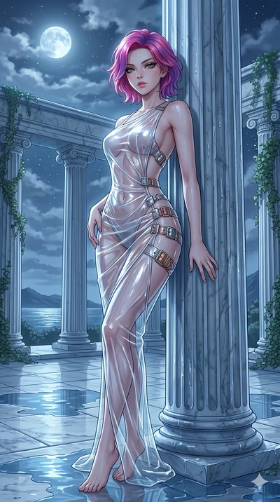 score_9, masterpiece, best quality, ultra-detailed, High-budget Anime Keyframe, East Asian woman. Low angle cowboy shot filling the entire 9:16 frame with her statuesque presence. Scenario 43: Leaning against a cold marble pillar in a moonlit greek t