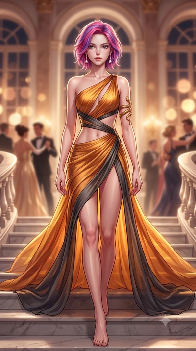 score_9, masterpiece, best quality, ultra-detailed, high-budget anime keyframe, semi-realistic 3D game render, editorial fashion photography, tasteful artistic composition, Caucasian woman. low angle full-body shot from head to toe showing her feet, 