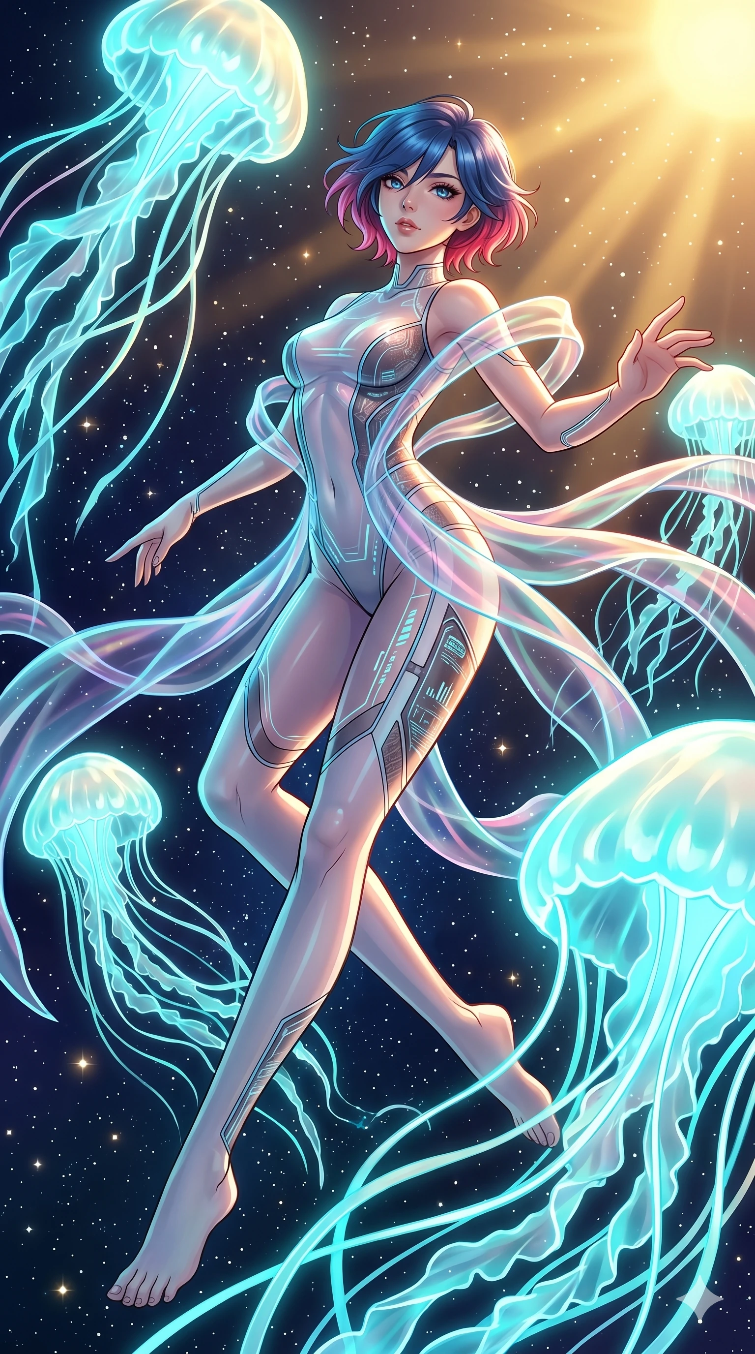 score_9, masterpiece, best quality, ultra-detailed, high-budget anime keyframe, Japanese woman. low angle full-body shot filling the entire 9:16 frame with her statuesque presence, stretching the vertical silhouette. swirling gracefully among the glowing ribbon-like tentacles of giant bioluminescent jellyfish floating in a starry sky garden. She has an absolutely perfect 8-heads proportion, an exceptionally tall and slender female figure with impossibly long slender legs and an ultra-slim waist. V-shaped jawline, high-bridge nose, intricate jewel-like eyes with depth, thick eyelashes, glossy lips with a natural sheen.. wearing a cybernetic bodysuit with a holographic ribbon, featuring a skin-tight contouring bodysuit wrapped in a translucent flowing holographic organza ribbon. showcasing a beautiful play of light and shadow, with warm golden rays clashing against cool cyan highlights. 2k, ultra detail, master piece, 9:16 ratio