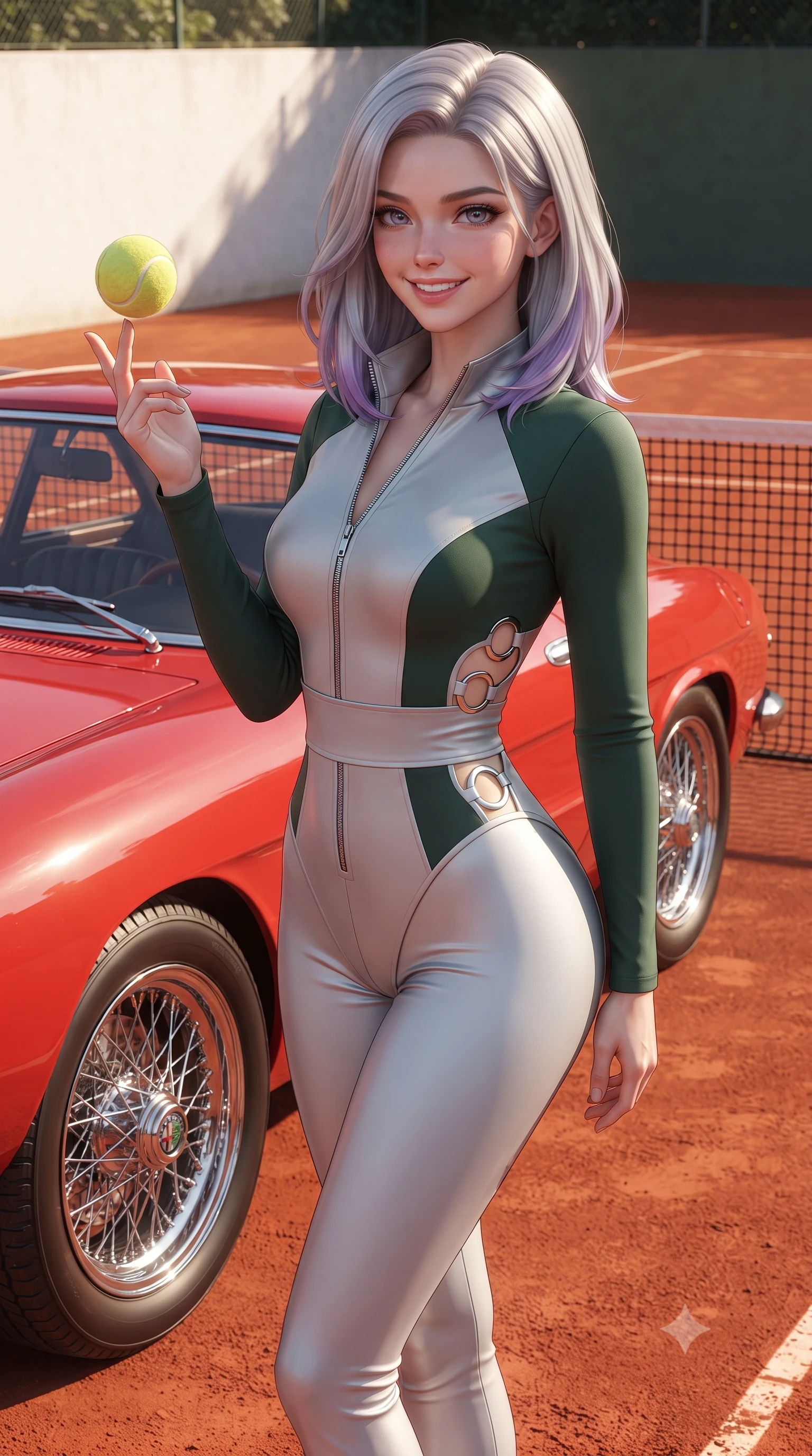 score_9, masterpiece, best quality, ultra-detailed, high-budget anime keyframe, editorial fashion photography, tasteful artistic composition, Caucasian woman. close-up cowboy shot from the waist and thighs up, the character dominates the composition, filling the frame with her large presence. playfully spinning a tennis ball on her fingertips, her radiant smile capturing fresh girlhood charm while her arched torso reveals an intoxicating hip contour while standing poised beside a vintage racing-red Alfa Romeo parked by the clay court with hips cocked back, casting an intoxicating, sunlit bedroom-gaze. The surrounding environment is rendered in vivid detail and crisp panoramic clarity: sharp red brick-dust clay grain textures, vintage Alfa Romeo chrome wire-spoke wheels, and tennis net mesh clarity in deep focus. She has an exceptionally elegant, slender, and willowy female figure with an ultra-slim waist, flat toned midriff, narrow ribcage, and sculpted feminine hips creating an alluring, slim hourglass silhouette without bulk. sharp v-shaped jawline, high-bridge nose, sparkling eyes with athletic focus and depth, thick curled eyelashes, glossy parted lips with a natural coral-peach sheen, bright confident and coquettish smile with alluring bedroom-eyes, exuding both youthful sporty vigor and sovereign high-society glamour, flawlessly proportioned anatomical accuracy, strict slender model proportions, natural body alignment, perfectly sculpted long slender limbs, ultra-slim waistline, clean dynamic posture without body distortion. wearing a modern paddock jumpsuit with zip-down front collar and high-cut leg openings in sleek stretch jersey in alpine silver platinum and forest green, tailored from crisp cotton poplin with clean aerodynamic structural lines, finished with sharp laser-cut side ventilation cutouts framed by chrome rings, the high-waisted wrap tailoring accentuating her ultra-slim waistline and the enchanting curve of her feminine hips with alluring sporty charm. bathed in warm sunny afternoon light reflecting off the red clay surface and whitewashed club walls. ultra-reflective glossy finish, specular highlights, rich textural contrasts, high-contrast stereoscopic depth, volumetric dynamic lighting, 2k, ultra detail, master piece, 9:16 ratio