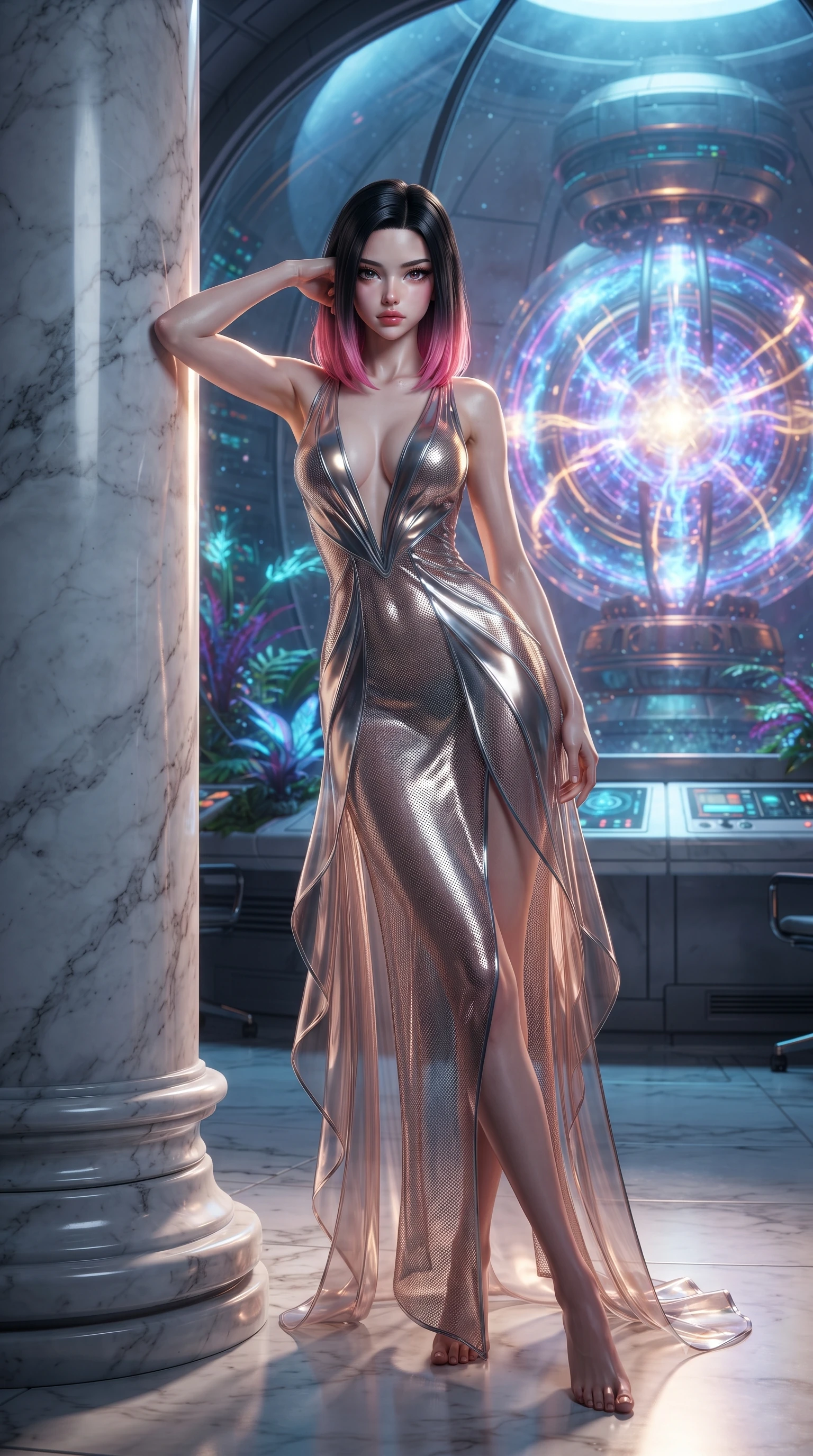 score_9, masterpiece, best quality, ultra-detailed, High-budget Anime Keyframe, editorial fashion photography, tasteful artistic composition, realistic cosplay photography, East Asian woman. Dynamic full-body shot stretching the vertical silhouette to the limit. Scenario 290: leaning against a cold marble pillar inside a secret bio-dome containing a giant glowing fusion reactor. Her presence is magnetic and overpowering in this high-budget cinematic scene. Outfit 290: a slim-fit molten liquid silk mesh with a plunging V-neckline and translucent layers. The clothing is designed to emphasize her exceptionally tall and slender 8-heads proportion. 8-heads proportion, towering silhouette, ultra-slim waist. sharp v-shaped jawline, intricate jewel-like eyes with depth, thick eyelashes, glossy lips. ultra-reflective glossy finish, specular highlights, metallic sheen, high-contrast stereoscopic depth, volumetric dynamic lighting, 2k, ultra detail, master piece, 9:16 ratio