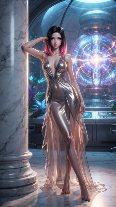 score_9, masterpiece, best quality, ultra-detailed, High-budget Anime Keyframe, editorial fashion photography, tasteful artistic composition, realistic cosplay photography, East Asian woman. Dynamic full-body shot stretching the vertical silhouette t