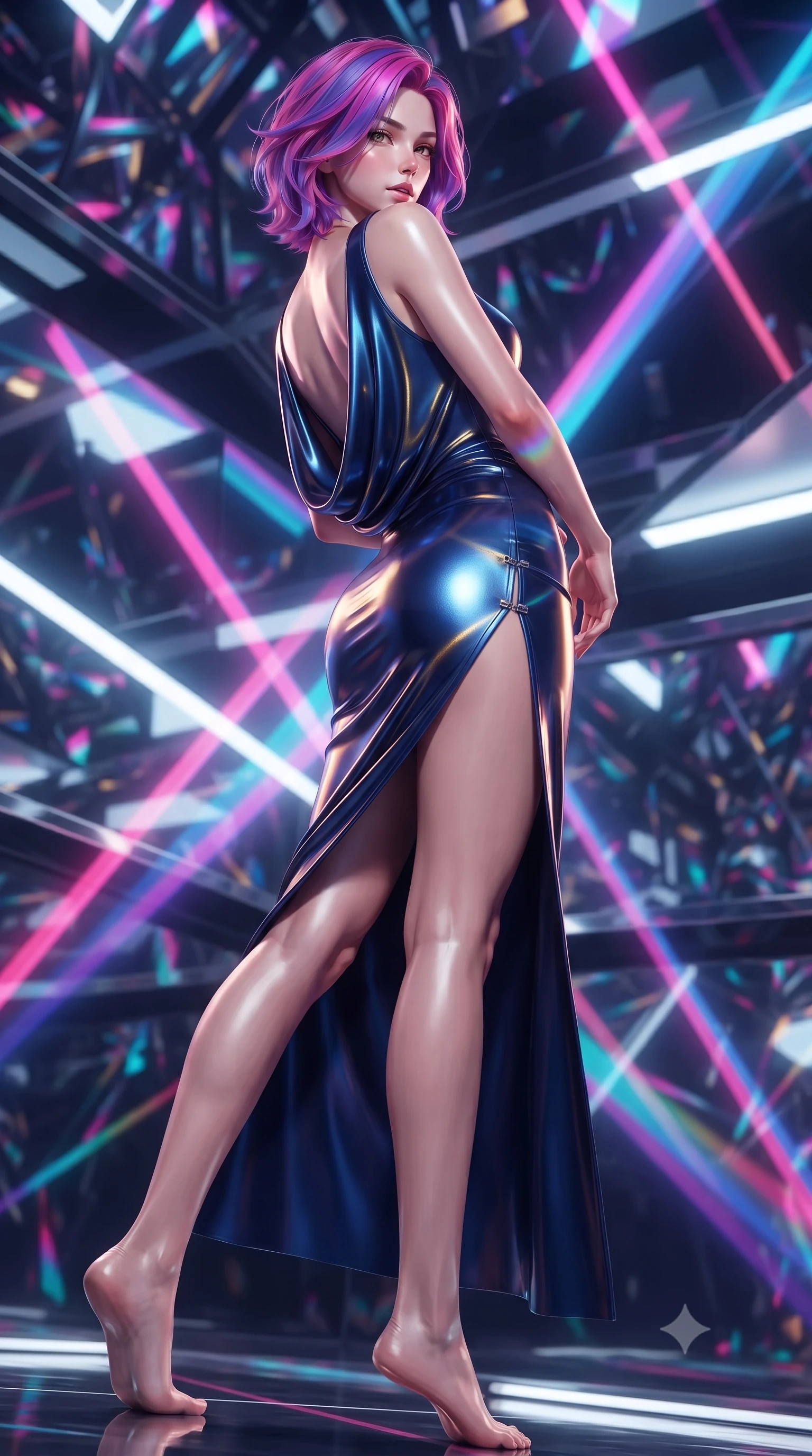 score_9, masterpiece, best quality, ultra-detailed, high-budget anime keyframe, editorial fashion photography, tasteful artistic composition, Caucasian woman. low angle full-body shot from head to toe showing her feet, filling the entire 9:16 vertical frame with her statuesque presence, stretching her vertical silhouette. arching her back in a fluid zero-gravity turn with sovereign grace, her long slender legs and sculpted torso creating a sweeping line while twisting her upper body in an alluring pose as prismatically refracted neon light beams criss-cross her silhouette. The surrounding environment is rendered in vivid detail and crisp panoramic clarity. intricate kaleidoscope reflections, crisp metallic specular highlights, and modern geometric framing in high clarity. She has an absolutely perfect, statuesque 8.5-heads proportion, an exceptionally tall and slender model-like female figure with impossibly long slender legs and an ultra-slim waist. sharp v-shaped jawline, high-bridge nose, intricate jewel-like eyes with depth, thick eyelashes, glossy lips with a natural sheen, flawlessly proportioned anatomical accuracy, natural body alignment, perfectly sculpted elegant limbs, clean dynamic posture without body distortion. wearing a precision-fitted liquid jersey bodycon dress with a dramatic draped cowl back that swoops down to her waist in midnight sapphire blue and glowing gold filaments, made of liquid metal jersey that clings flawlessly to every contour of her build, finished with an ultra-high side slit secured by miniature magnetic clasps, the form-contouring second-skin material highlighting her ultra-slim waist and long lines. illuminated by sharp white editorial flash lighting with high-contrast reflective rim lights. ultra-reflective glossy finish, specular highlights, metallic sheen, high-contrast stereoscopic depth, volumetric dynamic lighting, 2k, ultra detail, master piece, 9:16 ratio