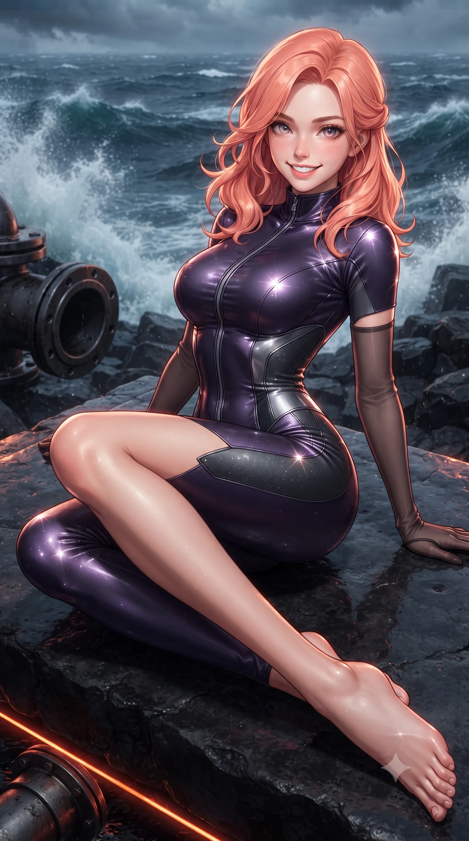 score_9, masterpiece, best quality, ultra-detailed, high-budget anime keyframe, editorial fashion photography, tasteful artistic composition, Japanese woman. close-up cowboy shot from the waist and thighs up, the character dominates the composition, filling the frame with her large presence. perched sideways on the lounge seat, one knee drawn up to showcase her slender leg line while her arched back accentuates her feminine hip curve while reclining gracefully on the outdoor heated basalt lounge with legs extended, displaying her long slender limbs and statuesque hourglass silhouette against the tempestuous sea. The surrounding environment is rendered in vivid detail and crisp panoramic clarity: sharp cooled black basalt crust textures, heavy industrial pipe flanges, and foaming ocean spray in deep focus. She has an exceptionally elegant, slender, and willowy female figure with an ultra-slim waist, flat toned midriff, narrow ribcage, and sculpted feminine hips creating an alluring, slim hourglass silhouette without bulk. sharp v-shaped jawline, high-bridge nose, intricate jewel-like sparkling eyes with depth, thick eyelashes, glossy parted lips with a natural peach sheen, bright cheerful beaming smile with an enchanting and coquettish sensual glint, exuding both youthful cute charm and seductive allure, flawlessly proportioned anatomical accuracy, strict slender model proportions, natural body alignment, perfectly sculpted long slender limbs, ultra-slim waistline, clean dynamic posture without body distortion. wearing a form-fitting orbital flight command jumpsuit in dark purple liquid satin with a high collar, contouring tightly to her narrow waist and feminine hips in liquid mercury chrome and stealth charcoal, woven from stretch metallic lurex jersey casting radiant starlight glints across her curves, complemented by sheer opera-length evening gloves tracing her slender arms, the form-contouring silhouette accentuating her sculpted flat midriff, narrow delicate ribcage, and gracefully curvy hips with intoxicating allure. illuminated by wet basalt deck reflection bounce and sharp magma-orange rim lights sculpting her razor-sharp jawline, narrow waist, and curvy hips. ultra-reflective glossy finish, specular highlights, rich textural contrasts, high-contrast stereoscopic depth, volumetric dynamic lighting, 2k, ultra detail, master piece, 9:16 ratio
