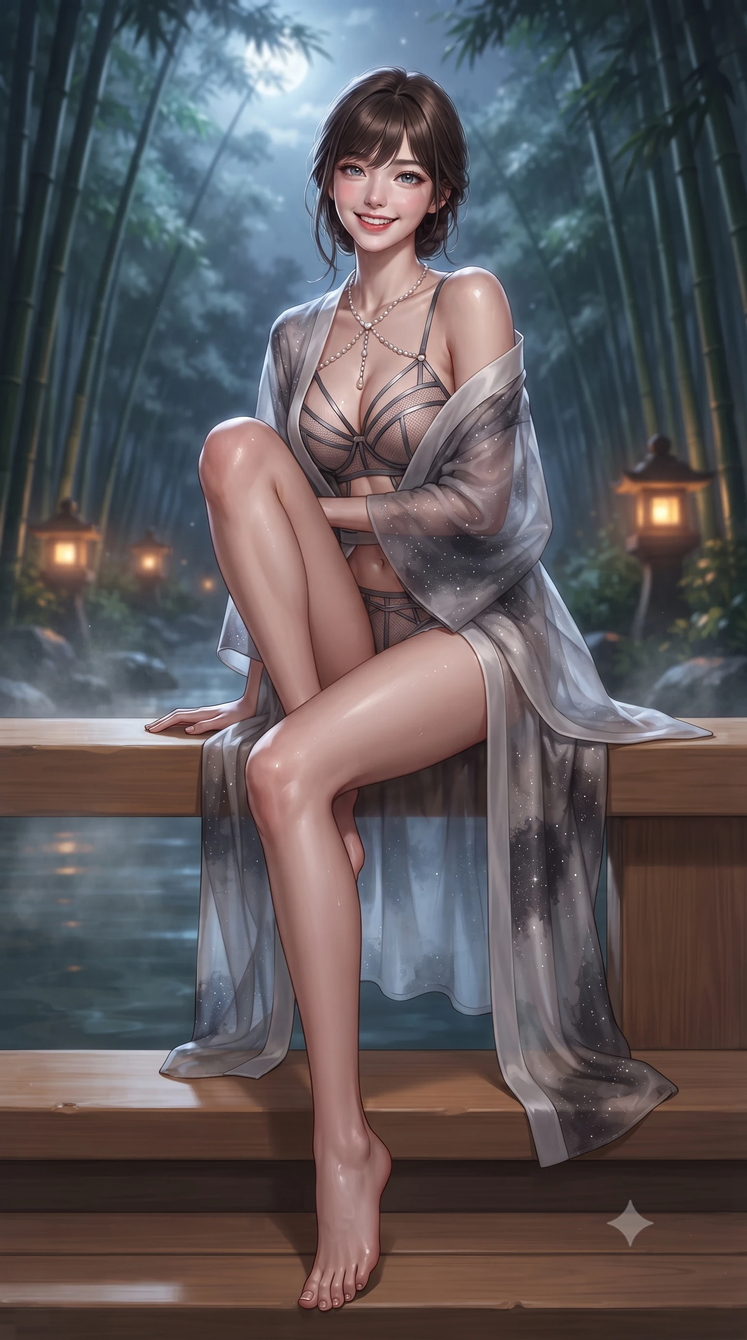 score_9, masterpiece, best quality, ultra-detailed, high-budget anime keyframe, editorial fashion photography, tasteful artistic composition, Korean woman. low angle full-body shot from head to toe showing her feet, filling the entire 9:16 vertical frame with her statuesque presence, stretching her vertical silhouette. stepping forward in a confident stride, her long slender legs and curvaceous hips creating a dynamic, sweeping vertical line while sitting perched gracefully on the warm hinoki bath edge with one knee drawn up, her long slender legs and statuesque hourglass silhouette commanding the nocturnal forest view. The background shows a soft-focus whispering Arashiyama bamboo stalks swayed by night breeze, glowing stone toro lanterns, and misty moonlit river gorge blurred into jade, silver, and charcoal bokeh. She has an exceptionally tall and slender model-like 8.5-heads proportion, an ultra-slim waist, a flat toned midriff, narrow delicate ribcage, and beautifully sculpted feminine hips creating a graceful, slim hourglass silhouette without any bulky heaviness, with impossibly long slender legs. sharp v-shaped jawline, high-bridge nose, intricate jewel-like sparkling eyes with depth, thick eyelashes, glossy parted lips with a natural peach sheen, bright cheerful beaming smile with an enchanting and coquettish sensual glint, exuding both youthful cute charm and seductive allure, flawlessly proportioned anatomical accuracy, strict slender model proportions, natural body alignment, perfectly sculpted long slender limbs, ultra-slim waistline, clean dynamic posture without body distortion. wearing an ethereal translucent silk chiffon yukata robe slipping off bare shoulders over a strappy underwire bralette and micro-shorts in Hollywood starlight platinum and smoky charcoal, woven from fine semi-opaque stretch illusion mesh tracing her slender contours, accented with a pearl-drop body harness subtly framing her dewy collarbones and spine, the high-slit wrap tailoring accentuating her ultra-slim waistline and the enchanting curve of her feminine hips with alluring seductive charm. bathed in the ethereal cool 4500K silver moonlight filtering through tall bamboo culms mixed with warm 2400K paper lantern glows. ultra-reflective glossy finish, specular highlights, rich textural contrasts, high-contrast stereoscopic depth, volumetric dynamic lighting, 2k, ultra detail, master piece, 9:16 ratio