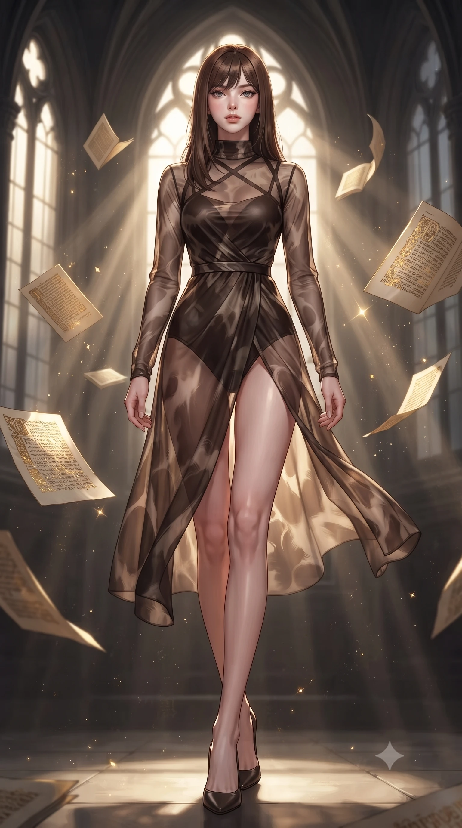 score_9, masterpiece, best quality, ultra-detailed, high-budget anime keyframe, editorial fashion photography, tasteful artistic composition, Korean woman. low angle full-body shot from head to toe showing her feet, filling the entire 9:16 vertical frame with her statuesque presence, stretching her vertical silhouette. stepping forward with proud posture, filling the vertical frame with her magnetic presence surrounded by floating illuminated manuscripts with gold leaf lettering, sunbeams filtering through tall arched windows casting dusty golden rays. She has an absolutely perfect, statuesque 8.5-heads proportion, an exceptionally tall and slender model-like female figure with impossibly long slender legs and an ultra-slim waist. sharp v-shaped jawline, high-bridge nose, intricate jewel-like eyes with depth, thick eyelashes, glossy lips with a natural sheen. wearing a semi-opaque sheer overlay dress over a leather micro-bodysuit in espresso brown and warm cream, crafted from smooth liquid silk, complemented by criss-cross back straps highlighting her bare shoulders, the form-contouring material highlighting her ultra-slim waist and long lines. bathed in warm dusty sunbeams and golden inner glow from floating pages. ultra-reflective glossy finish, specular highlights, metallic sheen, high-contrast stereoscopic depth, volumetric dynamic lighting, 2k, ultra detail, master piece, 9:16 ratio