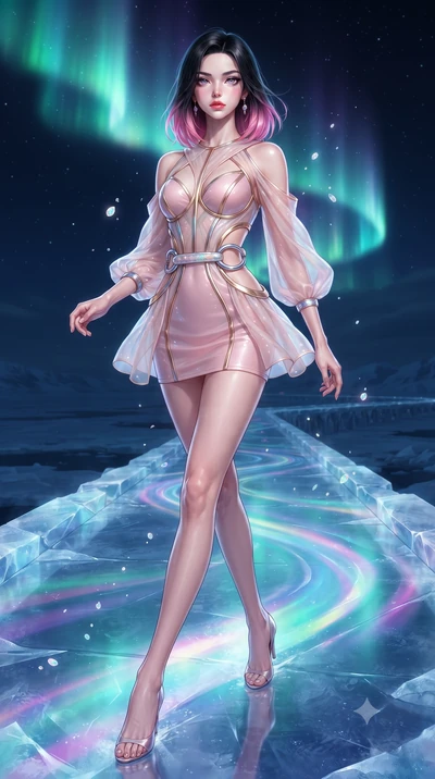 score_9, masterpiece, best quality, ultra-detailed, high-budget anime keyframe, editorial fashion photography, tasteful artistic composition, Korean woman. low angle full-body shot from head to toe showing her feet, filling the entire 9:16 vertical f
