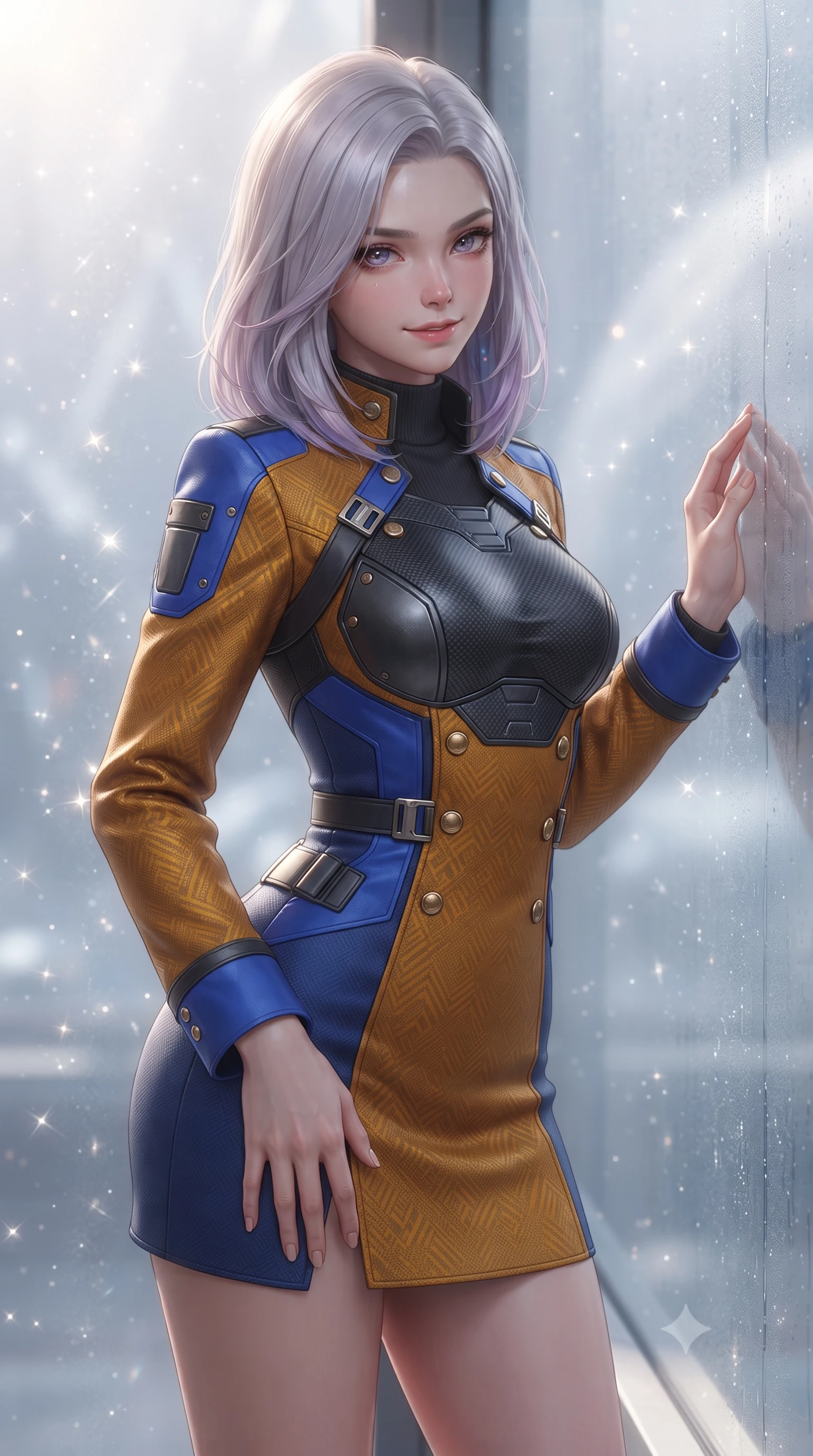 score_9, masterpiece, best quality, ultra-detailed, high-budget anime keyframe, editorial fashion photography, tasteful artistic composition, Caucasian woman. close-up cowboy shot from the waist and thighs up, the character dominates the composition, filling the frame with her large presence. tilting her head with a teasing half-smile, running one hand slowly down the side of her hip in a flirtatious S-curve as ambient light caresses her silhouette while leaning against the panoramic heated glass barrier with hips cocked back, watching frozen crystal plumes sparkle like diamond dust in sunlight with smoldering bedroom-eyes. The background shows a soft-focus ice crystal mist softened in outer-moon observation sanctuary shallow focus. She has an exceptionally elegant, slender, and willowy female figure with an ultra-slim waist, flat toned midriff, narrow ribcage, and sculpted feminine hips creating an alluring, slim hourglass silhouette without bulk. sharp v-shaped jawline, high-bridge nose, intricate jewel-like sparkling eyes with depth, thick eyelashes, glossy parted lips with a natural peach sheen, bright cheerful beaming smile with an enchanting and coquettish sensual glint, exuding both youthful cute charm and seductive allure, flawlessly proportioned anatomical accuracy, strict slender model proportions, natural body alignment, perfectly sculpted long slender limbs, ultra-slim waistline, clean dynamic posture without body distortion. wearing a structured cyber-infantry dress uniform jacket with carbon-fiber chest plating and brass buttons over a mock-neck top and tailored wool trousers in Jovian storm amber and electric cobalt, woven from structured carbon-fiber jacquard with rich textural depth, finished with sleek magnetic buckle closures fluttering in the breeze, the bespoke structured tailoring following the natural line of her 8.5-heads silhouette with refined elegance. illuminated by crystal plume reflection bounce and sharp diamond-white rim lights defining her jawline, narrow waist, and curvy hips. ultra-reflective glossy finish, specular highlights, rich textural contrasts, high-contrast stereoscopic depth, volumetric dynamic lighting, 2k, ultra detail, master piece, 9:16 ratio