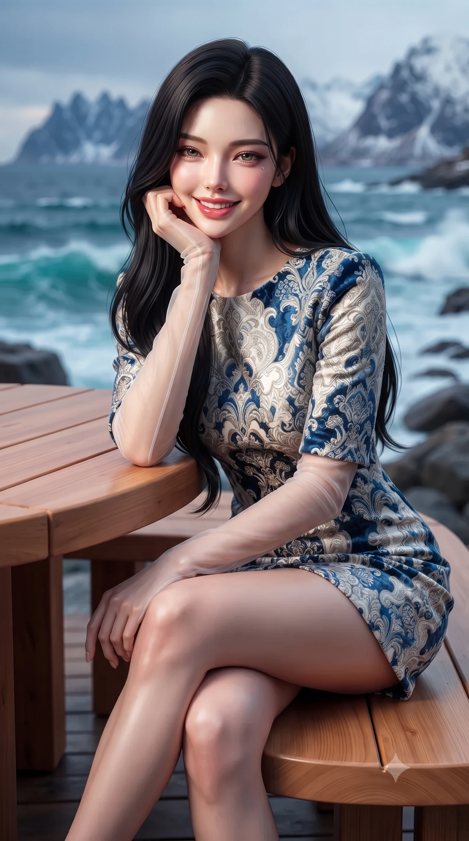score_9, masterpiece, best quality, ultra-detailed, high-budget anime keyframe, editorial fashion photography, tasteful artistic composition, Korean woman. close-up cowboy shot from the waist and thighs up, the character dominates the composition, filling the frame with her large presence. resting one elbow on the table and supporting her chin, leaning close to the camera with heavy-lidded sparkling eyes and parted lips while sitting gracefully on the elevated cedar bench with legs crossed and angled, flashing a radiant, playful smile with parted glossy lips. The background shows a soft-focus pounding Arctic ocean waves against raw granite skerries, snow-capped jagged mountain silhouettes across the sea, blurred into turquoise, obsidian, and lilac bokeh. She has an exceptionally elegant, slender, and willowy female figure with an ultra-slim waist, flat toned midriff, narrow ribcage, and sculpted feminine hips creating an alluring, slim hourglass silhouette without bulk. sharp v-shaped jawline, high-bridge nose, intricate jewel-like sparkling eyes with depth, thick eyelashes, glossy parted lips with a natural peach sheen, bright cheerful beaming smile with an enchanting and coquettish sensual glint, exuding both youthful cute charm and seductive allure, flawlessly proportioned anatomical accuracy, strict slender model proportions, natural body alignment, perfectly sculpted long slender limbs, ultra-slim waistline, clean dynamic posture without body distortion. wearing an aristocratic French Normandy jacquard brocade shift dress with bracelet sleeves in Normandy Étretat alabaster chalk white and Atlantic cobalt, tailored from ultra-plush silk velvet with rich tactile depth and deep shadow gradients, complemented by sheer opera-length evening gloves tracing her slender arms, the bespoke structured tailoring following the natural line of her 8.5-heads silhouette with refined elegance. illuminated by cedar wood bounce and sharp copper-cyan rim lights defining her dewy collarbones, ultra-slim waist, and curvy hips. ultra-reflective glossy finish, specular highlights, rich textural contrasts, high-contrast stereoscopic depth, volumetric dynamic lighting, 2k, ultra detail, master piece, 9:16 ratio