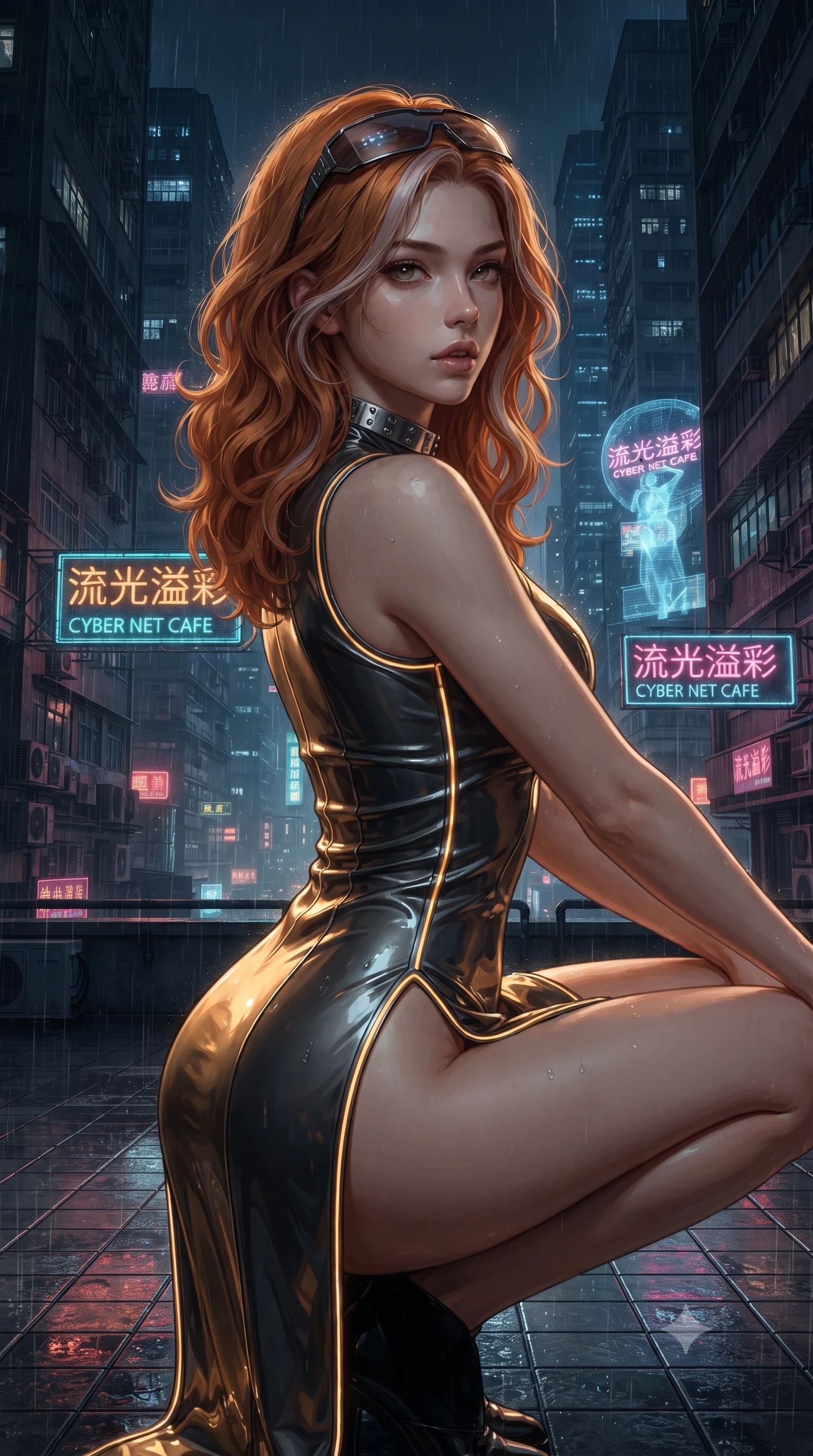 score_9, masterpiece, best quality, ultra-detailed, high-budget anime keyframe, editorial fashion photography, tasteful artistic composition, Caucasian woman. close-up cowboy shot from the waist and thighs up, the character dominates the composition, filling the frame with her large presence. leaning back with relaxed seductive grace, her sculpted collarbones and narrow waist highlighted as she casts smoldering bedroom-eyes directly into the camera while crouching low on the wet tiled rooftop terrace with back turned slightly to the lens, glancing back with smoldering bedroom-eyes and parted lips. The surrounding environment is rendered in vivid detail and crisp panoramic clarity. intense Wong Kar-wai inspired neo-noir chiaroscuro and atmospheric cyberpunk metropolis aesthetics in precision. She has an exceptionally elegant, slender, and willowy female figure with an ultra-slim waist, a gracefully sculpted slender torso, toned flat midriff, and rounded feminine hips creating an alluring hourglass silhouette. sharp v-shaped jawline, high-bridge nose, intricate jewel-like eyes with depth, thick eyelashes, glossy parted lips with a natural sheen, intensely captivating and seductive bedroom-eyes expression, flawlessly proportioned anatomical accuracy, strict slender model proportions, natural body alignment, perfectly sculpted long slender limbs, ultra-slim waistline, clean dynamic posture without body distortion. wearing a modernized cyber-qipao mini dress with an ultra-high side slit ascending to the hip and glowing LED piping in glowing amber-gold and dark graphite, tailored from second-skin aerodynamic stretch vinyl with specular wet sheen, accessorized with cyber-visor sunglasses resting on her brow and chunky silver choker, the liquid-tight tailored fabric clinging flawlessly to her narrow waist and rounded feminine hips, emphasizing every millimeter of her sculpted hourglass curves during movement. illuminated by wet specular asphalt bounce lights sharply sculpting her narrow waist and rounded hips. ultra-reflective glossy finish, specular highlights, rich textural contrasts, high-contrast stereoscopic depth, volumetric dynamic lighting, 2k, ultra detail, master piece, 9:16 ratio