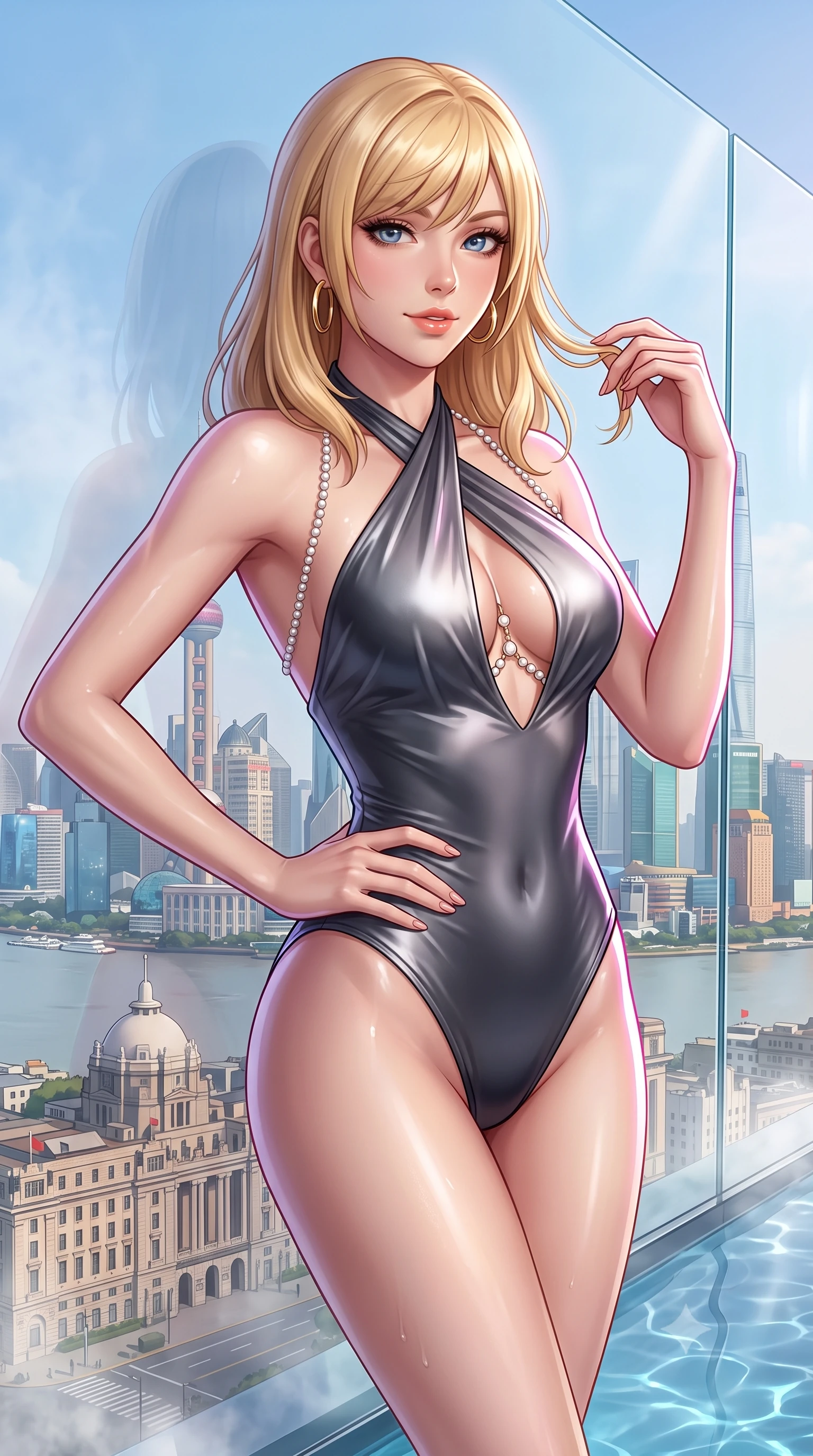 score_9, masterpiece, best quality, ultra-detailed, high-budget anime keyframe, semi-realistic 3D game render, editorial fashion photography, tasteful artistic composition, Caucasian woman. close-up cowboy shot from the waist and thighs up, the character dominates the composition, filling the frame with her large presence. twisting her slender torso in an alluring contrapposto stance, one hand resting on her sculpted hip while her fingers toy with her hair with effortless poise while leaning against the infinity edge glass wall overlooking the Bund with hips cocked back, looking through rising mineral steam with an intoxicating bedroom-gaze. The surrounding environment is rendered in vivid detail and crisp panoramic clarity: detailed wet-look liquid vinyl bodysuit cling, gold hoop earrings shine, and high-altitude infinity pool craft in high resolution. She has an exceptionally elegant, slender, and willowy female figure with an ultra-slim waist, flat toned midriff, narrow ribcage, and sculpted feminine hips creating an alluring, slim hourglass silhouette without bulk. sharp v-shaped jawline, high-bridge nose, sparkling eyes with hypnotic seductive depth, thick curled eyelashes, glossy parted lips with a natural dewy peach sheen, alluring bedroom-eyes with an enchanting coquettish smile, exuding magnetic siren charisma and sophisticated glamour, flawlessly proportioned anatomical accuracy, strict slender model proportions, natural body alignment, perfectly sculpted long slender limbs, ultra-slim waistline, clean dynamic posture without body distortion. wearing a criss-cross halterneck keyhole bodysuit with open back and sculpted waist darts in smoky charcoal and metallic platinum, crafted from fluid liquid silk satin that clings smoothly to every curve with a dewy sheen, accented with a pearl-drop body harness subtly framing her dewy collarbones and spine, the form-contouring silhouette accentuating her sculpted flat midriff, narrow delicate ribcage, and gracefully curvy hips with intoxicating allure. illuminated by water ripple caustics and sharp platinum-magenta rim lights defining her delicate clavicles, ultra-slim waist, and curvy hips. highly saturated vibrant anime colors, detailed shading with soft gradients, rich glossy textures, high-contrast stereoscopic depth, volumetric dynamic lighting, master piece, 9:16 ratio