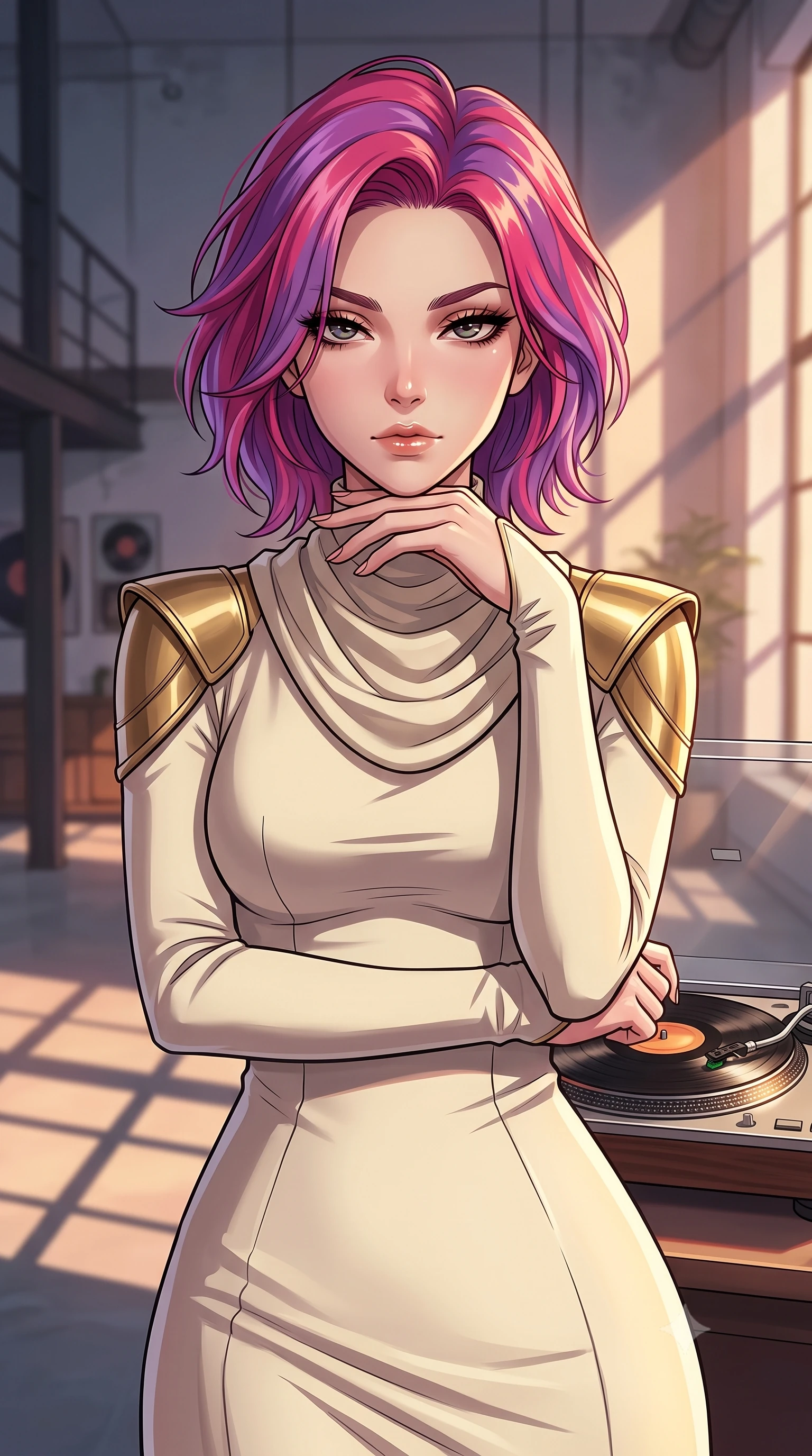 score_9, masterpiece, best quality, ultra-detailed, high-budget anime keyframe, tasteful artistic composition, Caucasian woman. close-up cowboy shot from the waist and thighs up, the character dominates the composition, filling the frame with her large presence, background elements kept in soft focus. resting her chin on the backs of her fingers, casting a heavy-lidded, sultry look past the camera the background shows a soft-focus a modern loft studio apartment with high ceilings and a record player spinning a vinyl. She has an exceptionally elegant, slender, and willowy female figure with an ultra-slim waist, a gracefully sculpted slender torso, and a refined silhouette. sharp v-shaped jawline, high-bridge nose, intricate jewel-like eyes with depth, thick eyelashes, glossy lips with a natural sheen. wearing a tailored elegant galactic senate gown in cream cashmere, featuring structured metallic gold shoulder guards and a high-neck drape. warm evening sunlight casting long geometric shadow lines across the floor. highly saturated vibrant anime colors, cel-shading, 2d style, master piece, 9:16 ratio