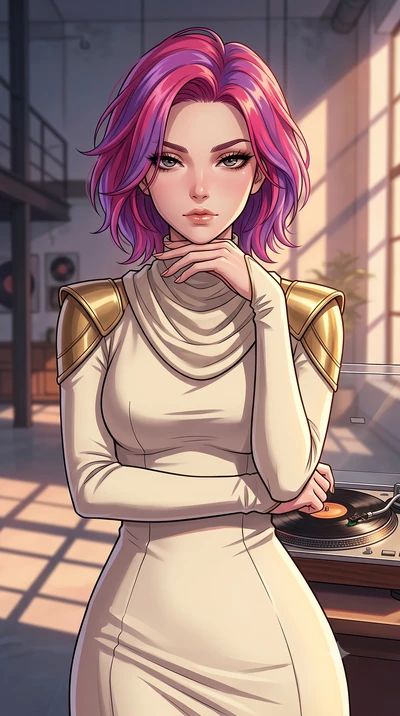 score_9, masterpiece, best quality, ultra-detailed, high-budget anime keyframe, tasteful artistic composition, Caucasian woman. close-up cowboy shot from the waist and thighs up, the character dominates the composition, filling the frame with her lar