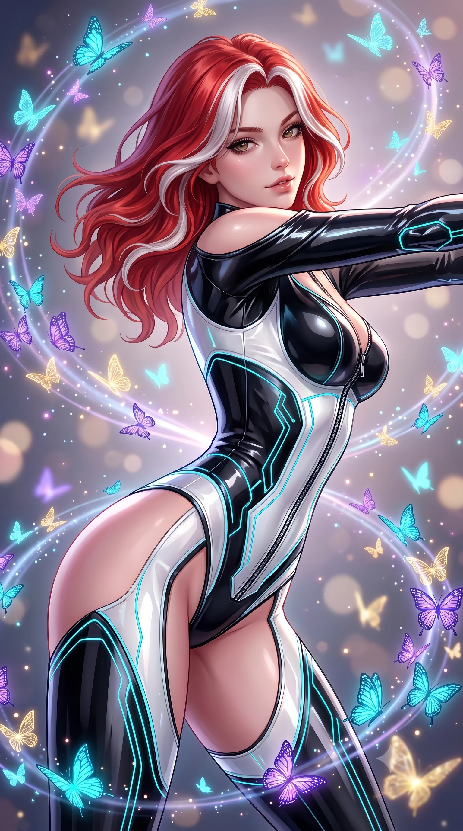 score_9, masterpiece, best quality, ultra-detailed, high-budget anime keyframe, semi-realistic 3D game render, editorial fashion photography, tasteful artistic composition, Caucasian woman. close-up cowboy shot from the waist and thighs up, the character dominates the composition, filling the frame with her large presence. stretching forward with an alluring arch of her spine, glancing over her shoulder with thick eyelashes and a smoldering half-smile while surrounded by thousands of glowing digital butterflies that orbit her body in glittering spirals. The composition keeps background elements in soft focus with creamy bokeh. glowing butterfly flight paths creating soft luminous light trails across the backdrop. She has an exceptionally elegant, slender, and willowy female figure with an ultra-slim waist, a gracefully sculpted slender torso, and a refined silhouette. sharp v-shaped jawline, high-bridge nose, intricate jewel-like eyes with depth, thick eyelashes, glossy lips with a natural sheen, flawlessly proportioned anatomical accuracy, natural body alignment, perfectly sculpted elegant limbs, clean dynamic posture without body distortion. wearing a glossy black second-skin latex bodysuit with high-thigh cuts, exposed clavicle neckline, and gleaming zipper details in pure snow white latex and glowing cyan circuit seams, tailored from semi-translucent cybernetic vinyl with glowing micro-filaments, finished with an ultra-high side slit secured by miniature magnetic clasps, the glove-like fit tightly following every curve of her statuesque athletic build. surrounded by an enchanting, weightless, and dreamily sensual cosmic atmosphere. highly saturated vibrant anime colors, detailed shading with soft gradients, rich glossy textures, high-contrast stereoscopic depth, volumetric dynamic lighting, master piece, 9:16 ratio