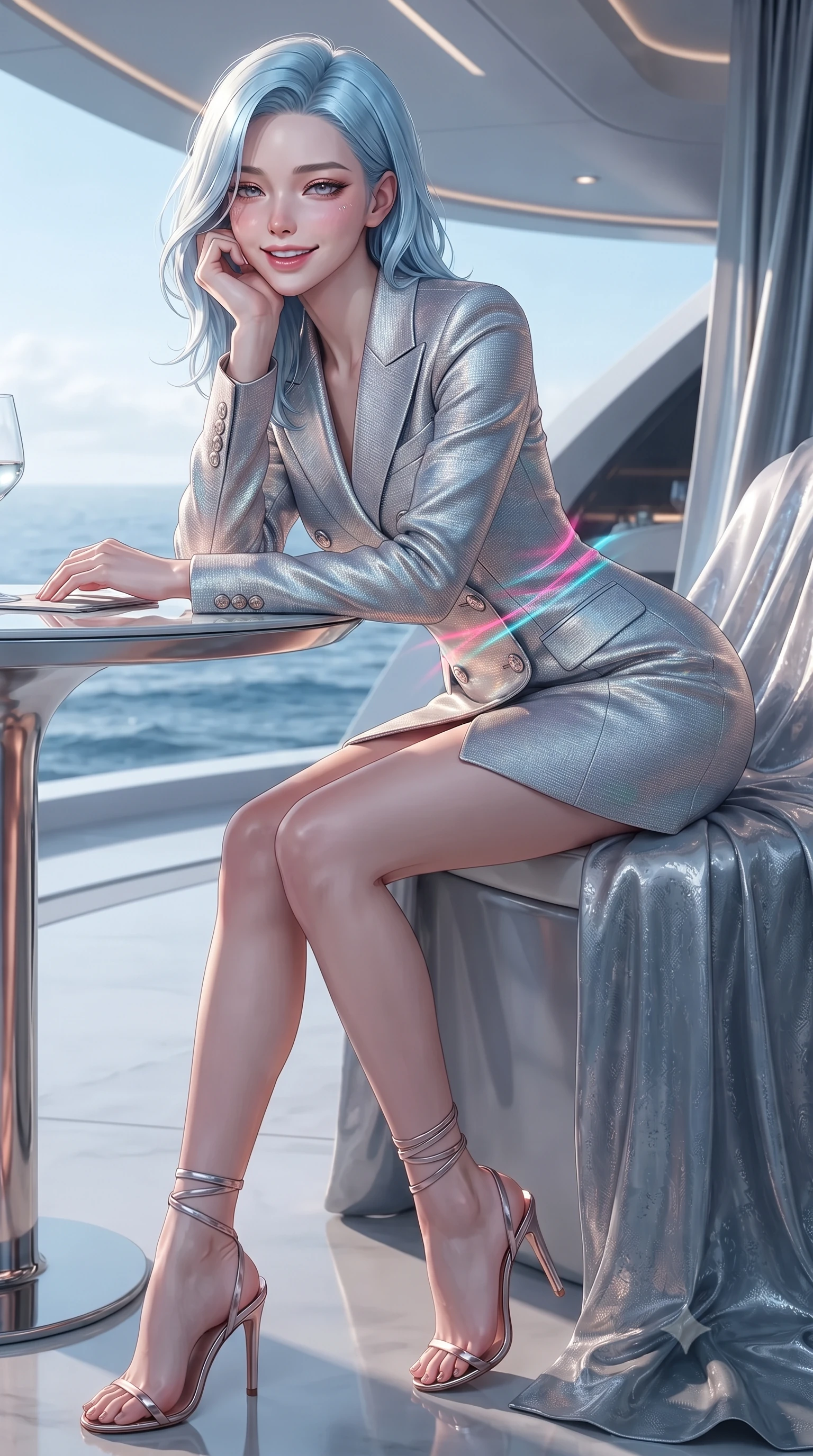 score_9, masterpiece, best quality, ultra-detailed, high-budget anime keyframe, editorial fashion photography, tasteful artistic composition, Korean woman. close-up cowboy shot from the waist and thighs up, the character dominates the composition, filling the frame with her large presence. resting one elbow on the table and supporting her chin, leaning close to the camera with heavy-lidded sparkling eyes and parted lips while twisting her slender torso in an alluring contrapposto stance, chromatic pink-and-cyan ocean caustics painting fluid light ribbons across her narrow waist and hips. The surrounding environment is rendered in vivid detail and crisp panoramic clarity: detailed haute-couture texture, wet-look liquid fabric drape, and sleek aerodynamic pontoon architecture in razor-sharp precision. She has an exceptionally elegant, slender, and willowy female figure with an ultra-slim waist, flat toned midriff, narrow ribcage, and sculpted feminine hips creating an alluring, slim hourglass silhouette without bulk. sharp v-shaped jawline, high-bridge nose, intricate jewel-like sparkling eyes with depth, thick eyelashes, glossy parted lips with a natural peach sheen, bright cheerful beaming smile with an enchanting and coquettish sensual glint, exuding both youthful cute charm and seductive allure, flawlessly proportioned anatomical accuracy, strict slender model proportions, natural body alignment, perfectly sculpted long slender limbs, ultra-slim waistline, clean dynamic posture without body distortion. wearing a tailored double-breasted iridescent silk lamé coat dress with metallic button closures in Shackleton lunar ice silver and Earthrise cobalt, tailored from high-density tech-wool with subtle metallic thread weave, complemented by strappy stiletto sandals with metallic ankle wraps accentuating her slender calves, the bespoke structured tailoring following the natural line of her 8.5-heads silhouette with refined elegance. illuminated by chromatic liquid ocean reflection bounce and sharp rose-gold rim lights sculpting her razor-sharp jawline, narrow waist, and curvy hips. ultra-reflective glossy finish, specular highlights, rich textural contrasts, high-contrast stereoscopic depth, volumetric dynamic lighting, 2k, ultra detail, master piece, 9:16 ratio