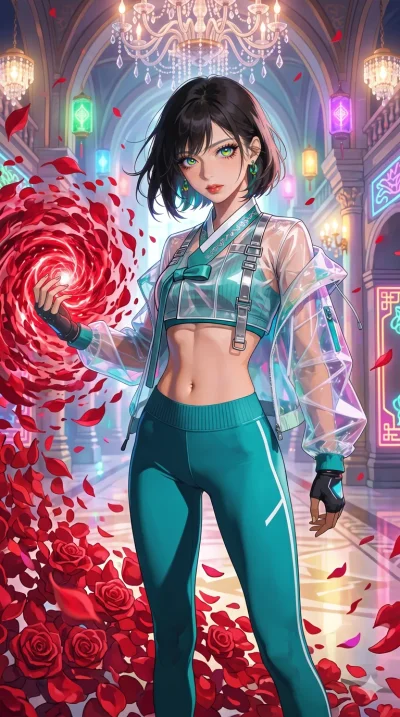 score_9, masterpiece, best quality, ultra-detailed, High-budget Anime Keyframe, beautiful Caucasian anime girl (strictly human ears). Upper body close-up from the thighs up, character filling the screen for maximum presence. Summoning a storm of red 