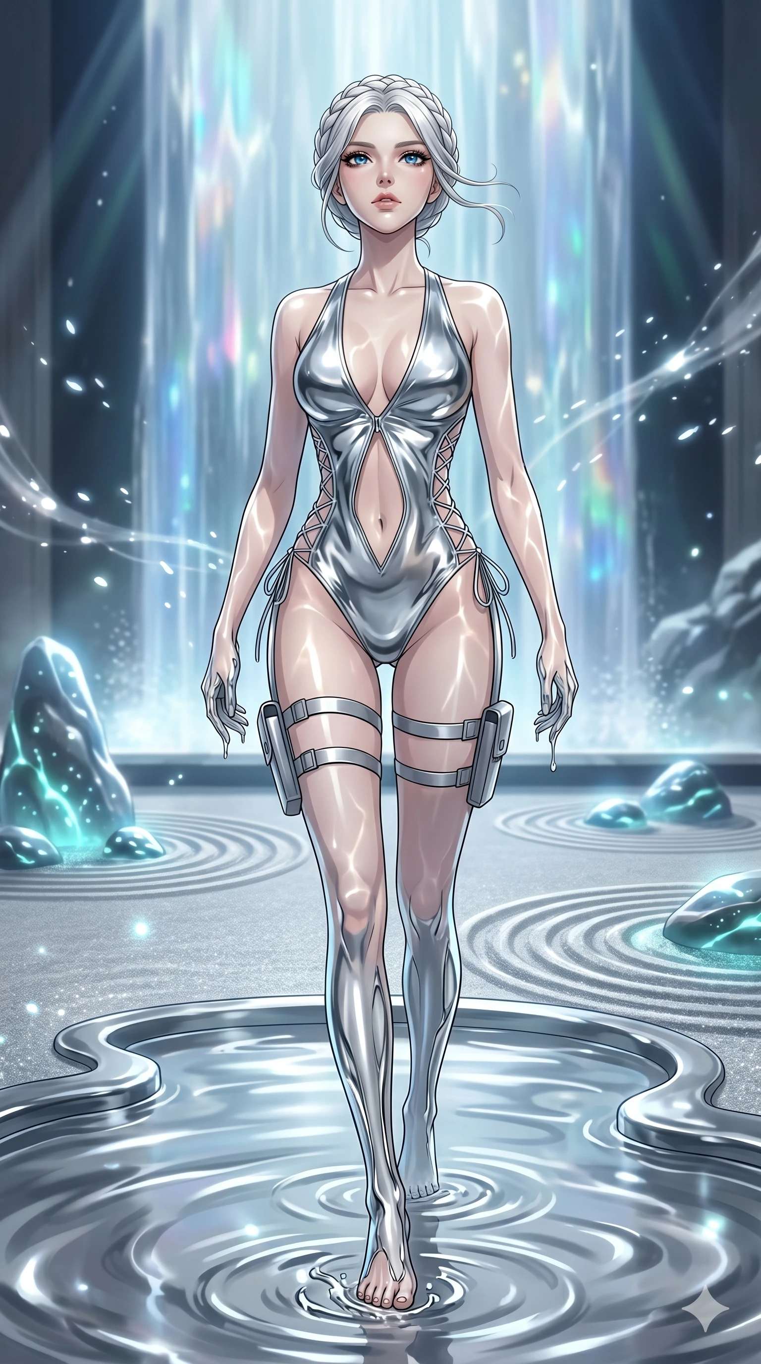 score_9, masterpiece, best quality, ultra-detailed, High-budget Anime Keyframe, vibrant colors, fluid line-art, expressive lighting, cinematic composition, Ufotable-style visual effects, top-tier animation quality, Korean woman with idol-like refined features. Dynamic full-body shot stretching the vertical silhouette, capturing her from a powerful low-angle perspective. Emerging slowly from a pool of liquid silver, the metallic substance clinging to her skin before transforming into her outfit. She has an absolutely perfect 8-heads proportion, an exceptionally tall and slender female figure with impossibly long slender legs and an ultra-slim waist, her statuesque height and towering silhouette dominating the vertical 9:16 frame. Her face is a masterpiece featuring a sharp v-shaped jawline, high-bridge nose, intricate jewel-like eyes with depth, thick eyelashes, and glossy lips with a natural sheen. She is wearing a Sleek tactical leotard with thigh-high holsters, unzipped deeply to show her midriff crafted from Molten liquid mercury that flows and reflects the environment with metallic perfection, featuring a deep plunging neckline and delicate lace-up side details. The scene is set in a serene Zen garden with metallic sand, glowing stones, and a holographic waterfall, illuminated by underwater caustic lighting with ripples of light dancing across her body. 2k, ultra detail, master piece, 9:16 ratio