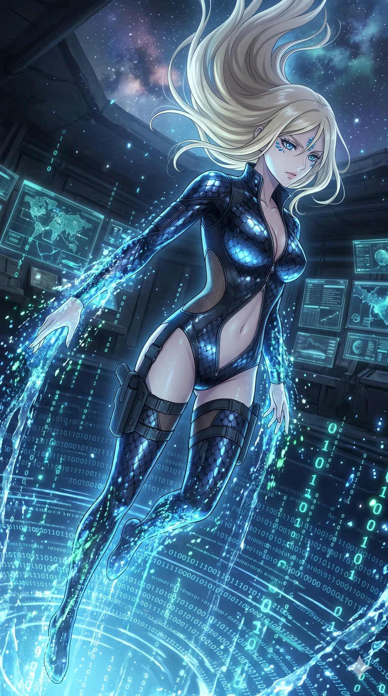score_9, masterpiece, best quality, ultra-detailed, High-budget Anime Keyframe, vibrant colors, fluid line-art, expressive lighting, cinematic composition, Ufotable-style visual effects, top-tier animation quality, Caucasian woman with pale skin, blonde hair, and (strictly human ears). Cinematic low angle perspective showcasing her towering height and perfect 8-heads proportion. Diving into a vast sea of digital code and liquid light, her form becoming one with the stream of information. She has an absolutely perfect 8-heads proportion, an exceptionally tall and slender female figure with impossibly long slender legs and an ultra-slim waist, her statuesque height and towering silhouette dominating the vertical 9:16 frame. Her face is a masterpiece featuring a sharp v-shaped jawline, high-bridge nose, intricate jewel-like eyes with depth, thick eyelashes, and glossy lips with a natural sheen. She is wearing a Sleek tactical leotard with thigh-high holsters, unzipped deeply to show her midriff crafted from Obsidian-glass scales that shimmer with a dark, crystalline brilliance, featuring strategic side cut-outs that emphasize her ultra-slim waist and hips. The scene is set in an underground rebel bunker with flickering holographic screens and tactical maps, illuminated by flickering starlight and nebula glow providing a mystical and vast ambiance. 2k, ultra detail, master piece, 9:16 ratio