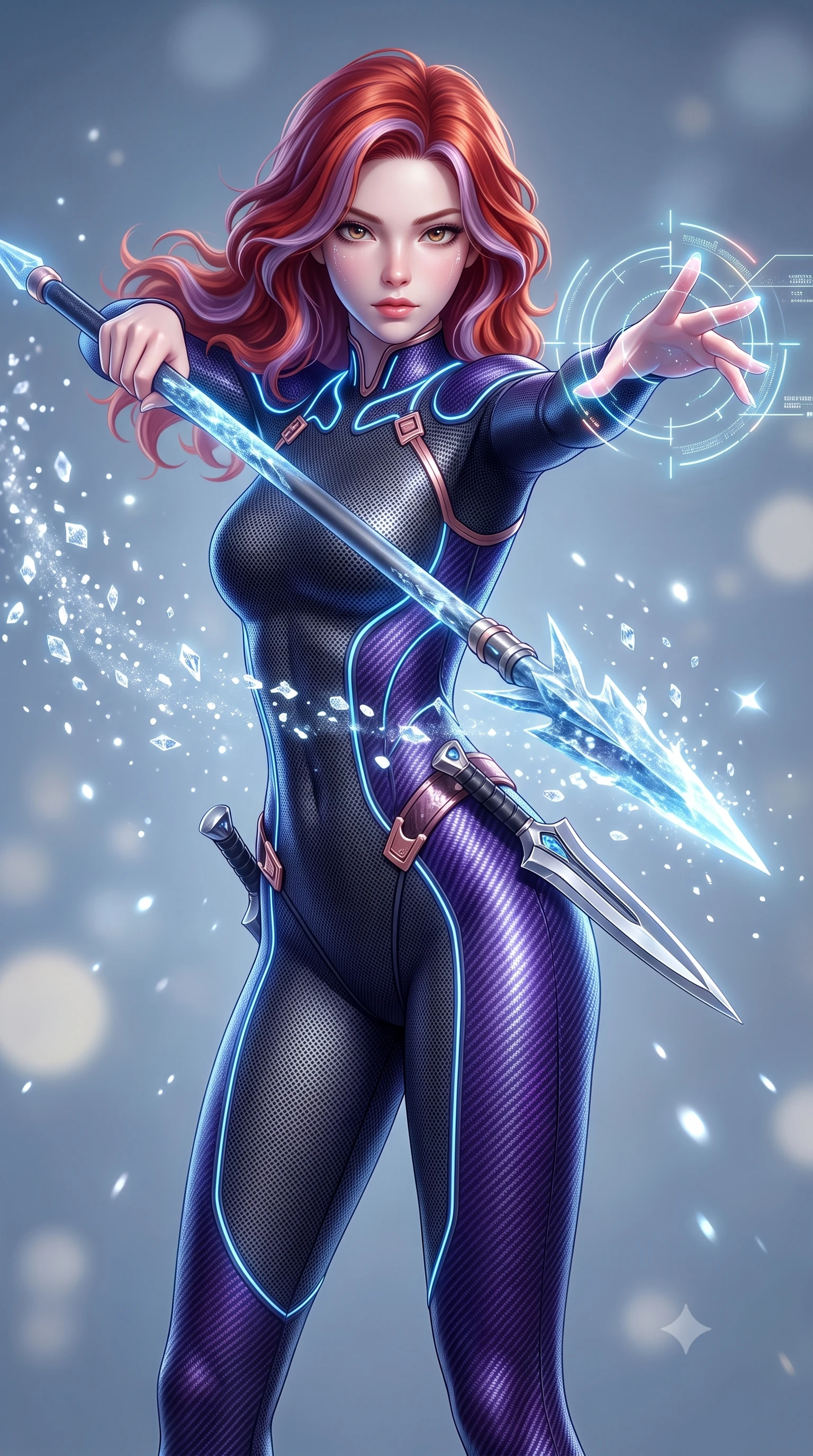 score_9, masterpiece, best quality, ultra-detailed, high-budget anime keyframe, semi-realistic 3D game render, editorial fashion photography, tasteful artistic composition, Caucasian woman. close-up cowboy shot from the waist and thighs up, the character dominates the composition, filling the frame with her large presence. extending one arm gracefully as glowing holographic targeting reticles and data streams orbit her fingertips with sovereign power while pivoting dynamically as she thrusts the cryo-spear forward, leaving a trail of diamond frost crystals hanging in the air. The composition keeps background elements in soft focus with creamy bokeh. glistening diamond ice crystals scattering bright specular light motes across a cool backdrop. She has an exceptionally elegant, slender, and willowy female figure with an ultra-slim waist, a gracefully sculpted slender torso, toned flat midriff, and a refined slim silhouette. sharp v-shaped jawline, high-bridge nose, intricate jewel-like eyes with depth, thick eyelashes, glossy lips with a natural sheen, flawlessly proportioned anatomical accuracy, strict slender model proportions, natural body alignment, perfectly sculpted long slender limbs, ultra-slim waistline, clean dynamic posture without body distortion. wearing an aerodynamic dark titanium carbon-mesh jumper with glowing blue fiber lines, holding twin chrome vibro-daggers with deadly supermodel poise in royal purple carbon fiber with rose-gold hardware and clasps, tailored from flexible second-skin carbon-mesh that clings flawlessly to her athletic curves, accented with glowing fiber-optic conduits tracing her collarbones and hip curves, the form-contouring material adhering flawlessly to her sculpted flat midriff and slender torso, emphasizing her long leg lines and perfectly proportioned willowy build. surrounded by a cool, lethal, and breathtakingly alluring frost-goddess special-operative aura. rich saturated anime colors with glowing neon highlights, detailed shading with soft gradients, rich glossy textures, high-contrast stereoscopic depth, volumetric dynamic lighting, master piece, 9:16 ratio