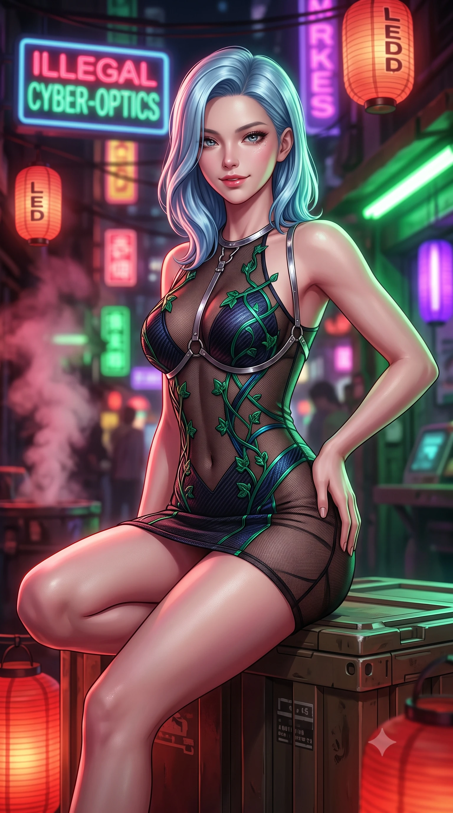 score_9, masterpiece, best quality, ultra-detailed, high-budget anime keyframe, semi-realistic 3D game render, editorial fashion photography, tasteful artistic composition, Korean woman. close-up cowboy shot from the waist and thighs up, the character dominates the composition, filling the frame with her large presence. tilting her head with a teasing half-smile, running one hand slowly down the side of her hip in a flirtatious S-curve as ambient light caresses her silhouette while sitting poised on the elevated industrial cargo crate with one knee bent, arching her back with playful warrior flair and parted glossy lips. The background shows a soft-focus glowing neon signs for illegal cyber-optics, paper lanterns retrofitted with LEDs, and dense steam vents blurred into ruby, emerald, and violet bokeh. She has an exceptionally elegant, slender, and willowy female figure with an ultra-slim waist, flat toned midriff, narrow ribcage, and sculpted feminine hips creating an alluring, slim hourglass silhouette without bulk. sharp v-shaped jawline, high-bridge nose, intricate jewel-like sparkling eyes with depth, thick eyelashes, glossy parted lips with a natural peach sheen, bright cheerful beaming smile with an enchanting and coquettish sensual glint, exuding both youthful cute charm and seductive allure, flawlessly proportioned anatomical accuracy, strict slender model proportions, natural body alignment, perfectly sculpted long slender limbs, ultra-slim waistline, clean dynamic posture without body distortion. wearing a provocative sheer noir illusion mesh combat dress with embroidered climbing metallic ivy ribbons contouring her curves in bioluminescent emerald and abyssal sapphire, woven from structured carbon-fiber jacquard with rich textural depth, accented with a chrome-drop body harness subtly framing her dewy collarbones and spine, the form-contouring silhouette accentuating her sculpted flat midriff, narrow delicate ribcage, and gracefully curvy hips with intoxicating allure. bathed in warm 2200K crimson lantern light combined with vibrant green and ultraviolet market stall tube lights. highly saturated vibrant anime colors, detailed shading with soft gradients, rich glossy textures, high-contrast stereoscopic depth, volumetric dynamic lighting, master piece, 9:16 ratio