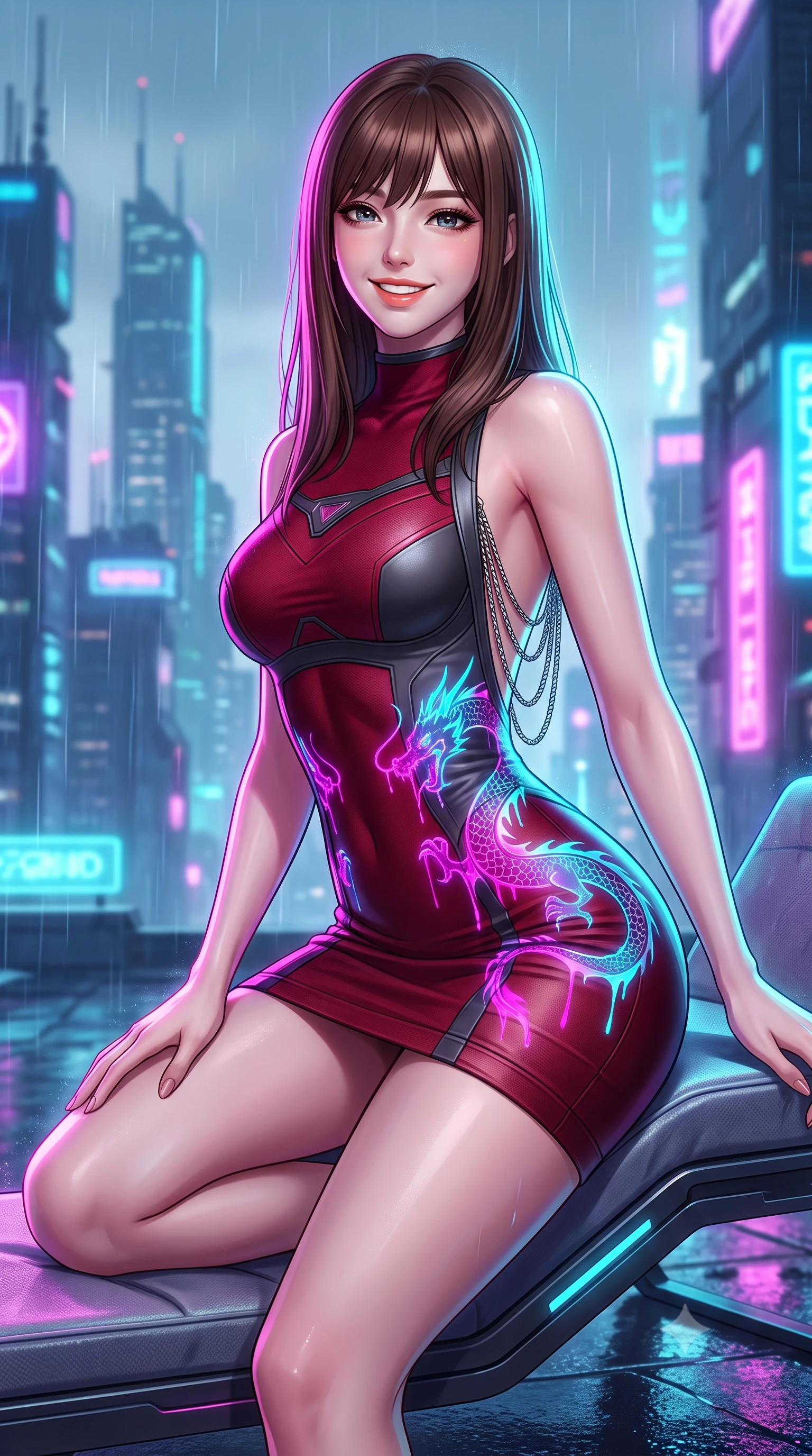 score_9, masterpiece, best quality, ultra-detailed, high-budget anime keyframe, semi-realistic 3D game render, editorial fashion photography, tasteful artistic composition, Korean woman. close-up cowboy shot from the waist and thighs up, the character dominates the composition, filling the frame with her large presence. perched sideways on the lounge seat, one knee drawn up to showcase her slender leg line while her arched back accentuates her feminine hip curve while twisting her slender torso in an alluring contrapposto stance, dripping holographic dragon signs painting electric magenta and cyan across her narrow waist and hips. The background shows a soft-focus fine neon-lit rain mist softened in cyberpunk citadel rooftop shallow focus. She has an exceptionally elegant, slender, and willowy female figure with an ultra-slim waist, flat toned midriff, narrow ribcage, and sculpted feminine hips creating an alluring, slim hourglass silhouette without bulk. sharp v-shaped jawline, high-bridge nose, intricate jewel-like sparkling eyes with depth, thick eyelashes, glossy parted lips with a natural peach sheen, bright cheerful beaming smile with an enchanting and coquettish sensual glint, exuding both youthful cute charm and seductive allure, flawlessly proportioned anatomical accuracy, strict slender model proportions, natural body alignment, perfectly sculpted long slender limbs, ultra-slim waistline, clean dynamic posture without body distortion. wearing a dense bandage-knit tactical officer dress with subtle geometric chest accents contouring her delicate ribcage and feminine hips in deep crimson hazard red and matte dark titanium, woven from buttery-soft stretch lambskin leather adhering to her body like a second skin, accented with an open-back drape framed by falling strands of delicate chrome chains, the liquid-tight tailored fabric clinging flawlessly to her narrow waist and rounded feminine hips, emphasizing every millimeter of her sculpted slim hourglass curves without any bulky heaviness. illuminated by wet pavement reflection bounce and sharp laser-cyan rim lights defining her jawline, narrow waist, and curvy hips. highly saturated vibrant anime colors, detailed shading with soft gradients, rich glossy textures, high-contrast stereoscopic depth, volumetric dynamic lighting, master piece, 9:16 ratio