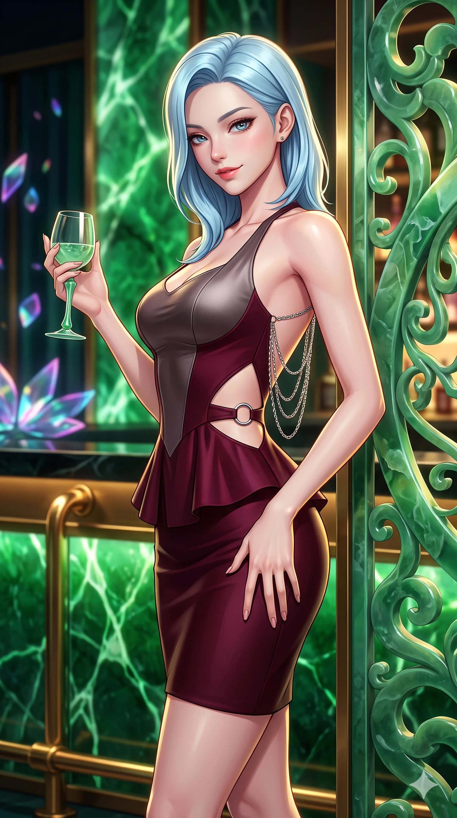 score_9, masterpiece, best quality, ultra-detailed, high-budget anime keyframe, semi-realistic 3D game render, editorial fashion photography, tasteful artistic composition, Korean woman. close-up cowboy shot from the waist and thighs up, the character dominates the composition, filling the frame with her large presence. tilting her head with a teasing half-smile, running one hand slowly down the side of her hip in a flirtatious S-curve as ambient light caresses her silhouette while standing poised beside the sculptural jade screen, arching her lower back with sovereign supermodel poise while holding a jade-stemmed glass. The surrounding environment is rendered in vivid detail and crisp panoramic clarity: sharp backlit jade stone veins, polished brass footrails, and crisp holographic petal geometries in deep focus. She has an exceptionally elegant, slender, and willowy female figure with an ultra-slim waist, flat toned midriff, narrow ribcage, and sculpted feminine hips creating an alluring, slim hourglass silhouette without bulk. sharp v-shaped jawline, high-bridge nose, intricate jewel-like sparkling eyes with depth, thick eyelashes, glossy parted lips with a natural sheen, intensely captivating and seductive bedroom-eyes expression, exuding both youthful cute charm and sovereign luxury allure, flawlessly proportioned anatomical accuracy, strict slender model proportions, natural body alignment, perfectly sculpted long slender limbs, ultra-slim waistline, clean dynamic posture without body distortion. wearing a modern peplum corset dress with side-waist diamond cutouts and an ultra-tight silhouette in deep wine burgundy and brushed dark platinum, adorned with delicate chrome ring hardware and cutouts along her slender waist, accented with an open-back drape framed by falling strands of delicate chrome chains, the bespoke structured tailoring following the natural line of her 8.5-heads silhouette with refined elegance. illuminated by bar surface bounce and sharp emerald-gold rim lights sculpting her razor-sharp jawline, narrow waist, and curvy hips. highly saturated vibrant anime colors, detailed shading with soft gradients, rich glossy textures, high-contrast stereoscopic depth, volumetric dynamic lighting, master piece, 9:16 ratio