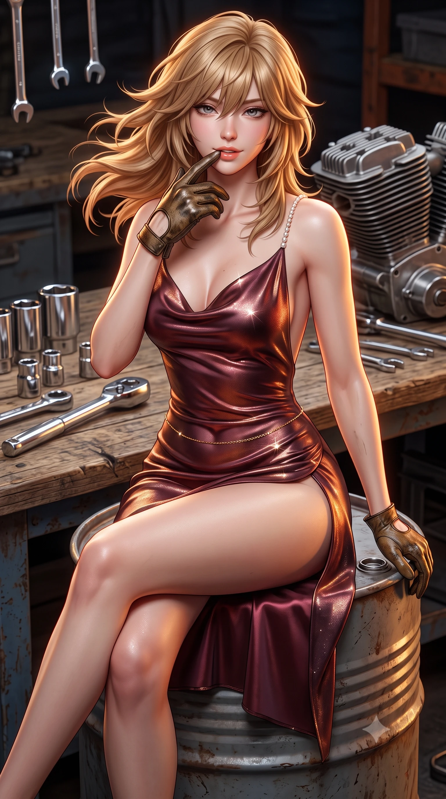 score_9, masterpiece, best quality, ultra-detailed, high-budget anime keyframe, semi-realistic 3D game render, editorial fashion photography, tasteful artistic composition, Japanese woman. close-up cowboy shot from the waist and thighs up, the character dominates the composition, filling the frame with her large presence. turning slowly with an enchanting smoldering smile, her glossy hair tossing in the breeze as her hips angle gracefully in a captivating contrapposto while perched sideways on an oil drum with legs crossed, resting a greasy gloved finger near her glossy parted lips with playful allure. The surrounding environment is rendered in vivid detail and crisp panoramic clarity: sharp polished chrome socket wrench heads, engine cylinder head fins, and weathered workbench wood grain in deep focus. She has an exceptionally elegant, slender, and willowy female figure with an ultra-slim waist, flat toned midriff, narrow ribcage, and sculpted feminine hips creating an alluring, slim hourglass silhouette without bulk. sharp v-shaped jawline, high-bridge nose, sparkling eyes with hypnotic seductive depth, thick curled eyelashes, glossy parted lips with a natural dewy peach sheen, alluring bedroom-eyes with an enchanting coquettish smile, exuding magnetic siren charisma and sophisticated glamour, flawlessly proportioned anatomical accuracy, strict slender model proportions, natural body alignment, perfectly sculpted long slender limbs, ultra-slim waistline, clean dynamic posture without body distortion. wearing a slinky backless cowl-neck silk satin beach slip mini dress with dainty pearl spaghetti straps in smoky bordeaux wine and gilded copper, woven from stretch metallic lurex jersey casting radiant starlight glints across her silhouette, accented with a dainty gold belly chain resting across her flat midriff and curving hips, the high-slit wrap tailoring accentuating her ultra-slim waistline and the enchanting curve of her feminine hips with alluring seductive charm. illuminated by chrome tool reflections and sharp warm-amber rim lights sculpting her jawline, narrow waist, and curvy hips. highly saturated vibrant anime colors, detailed shading with soft gradients, rich glossy textures, high-contrast stereoscopic depth, volumetric dynamic lighting, master piece, 9:16 ratio