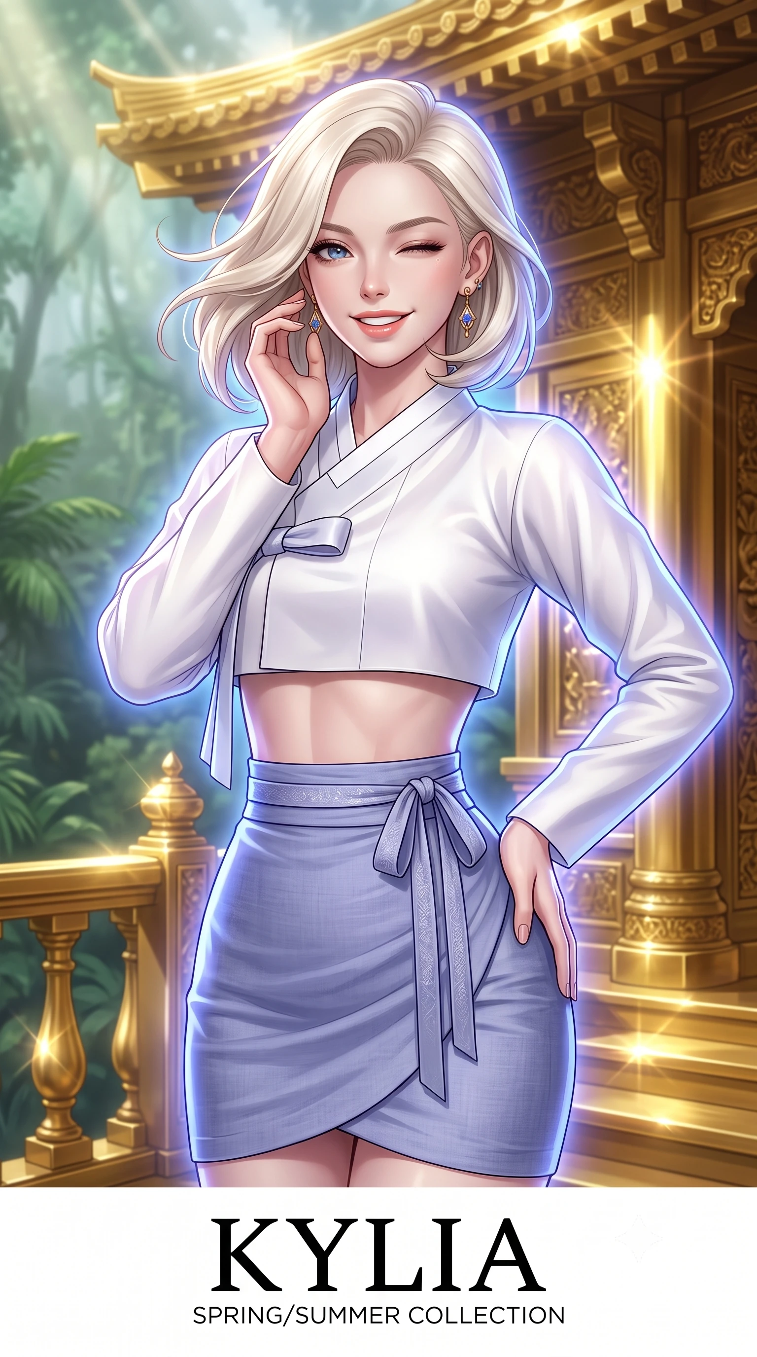 score_9, masterpiece, best quality, ultra-detailed, high-budget anime keyframe, editorial fashion photography, tasteful artistic composition, Caucasian woman, strictly human ears. close-up cowboy shot from the waist and thighs up, the character dominates the composition, filling the frame with her large presence, background elements kept in soft focus. Winking playfully with a cheerful grin and a lighthearted expression. set against a soft-focus background of standing on a balcony of a temple constructed from solid, highly polished gold hidden deep within a misty green tropical jungle, reflecting bright sun rays off the golden surfaces. She has an exceptionally elegant, slender, and willowy female figure with a highly-defined ultra-slim waist, a gracefully sculpted slender torso, and a refined slim-fit silhouette that contours her form. sharp v-shaped jawline, high-bridge nose, intricate jewel-like eyes with depth, thick eyelashes, glossy lips with a natural sheen. wearing a modern fusion Hanbok with a white silk cropped jeogori and a form-fitting pale indigo linen wrapped skirt. cool ethereal blue-violet bioluminescent glow wrapping around her from all sides. 2k, ultra detail, master piece, 9:16 ratio
