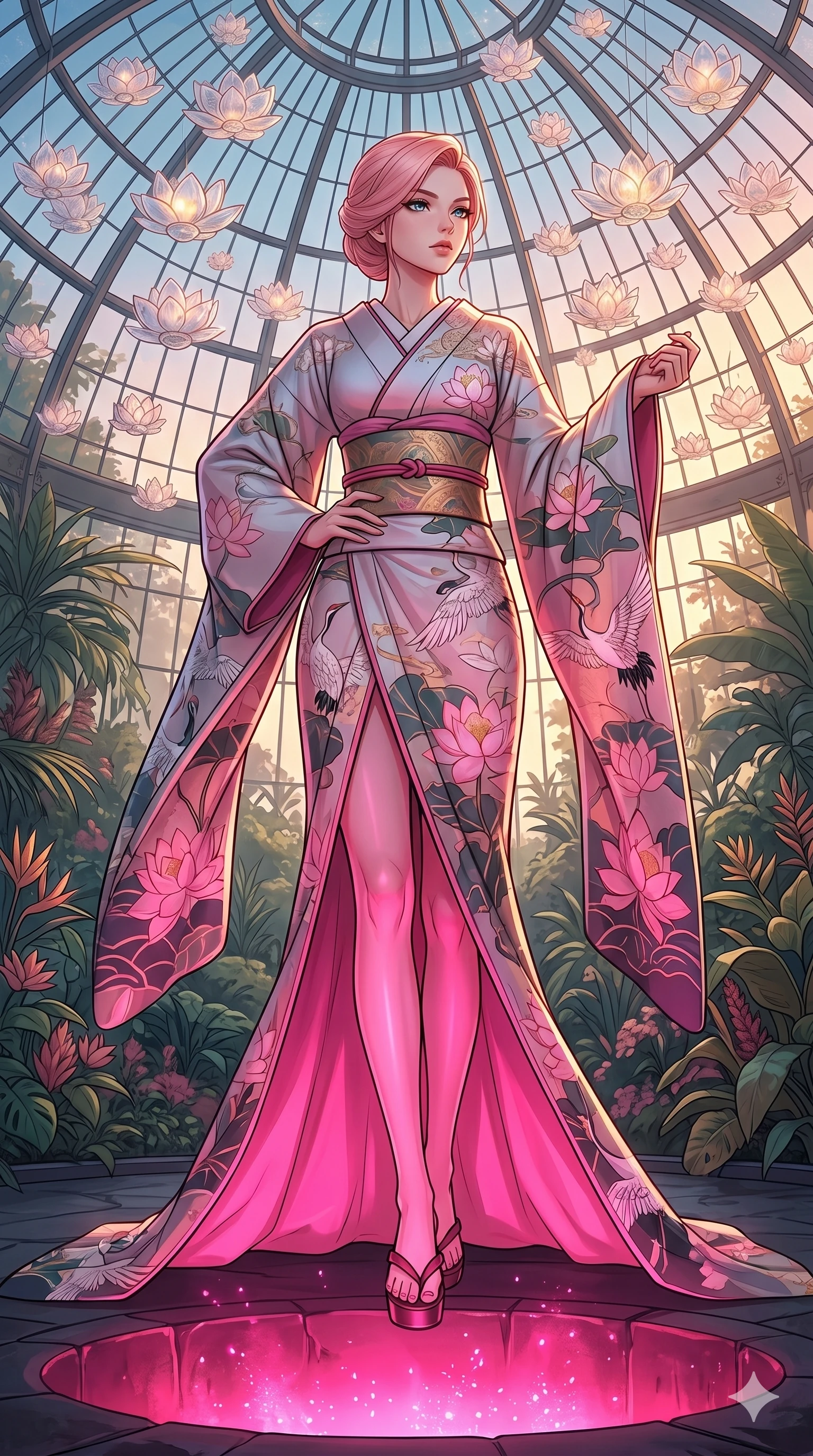 score_9, masterpiece, best quality, ultra-detailed, high-budget anime keyframe, editorial fashion photography, tasteful artistic composition, Japanese woman. low angle full-body shot from head to toe showing her feet, filling the entire 9:16 vertical frame with her statuesque presence, stretching her vertical silhouette. gazing past the camera with an air of effortless superiority inside a botanical greenhouse under a dome of floating glass lotus blossoms (Code-P18-006). She has an absolutely perfect 8-heads proportion, an exceptionally tall and slender female figure with impossibly long slender legs and an ultra-slim waist. V-shaped jawline, high-bridge nose, intricate jewel-like eyes with depth, thick eyelashes, glossy lips with a natural sheen. wearing a traditional wrap kimono dress with a wide obi belt and long elegant sleeves. bathed in a dramatic contrast of hot pink furnace glow from below and cool golden light from above. 2k, ultra detail, master piece, 9:16 ratio