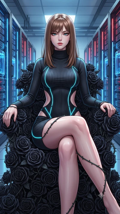 score_9, masterpiece, best quality, ultra-detailed, High-budget Anime Keyframe, East Asian woman. Low angle cowboy shot filling the entire 9:16 frame with her statuesque presence. Scenario 324: resting on a throne of black roses, thorns grazing her s