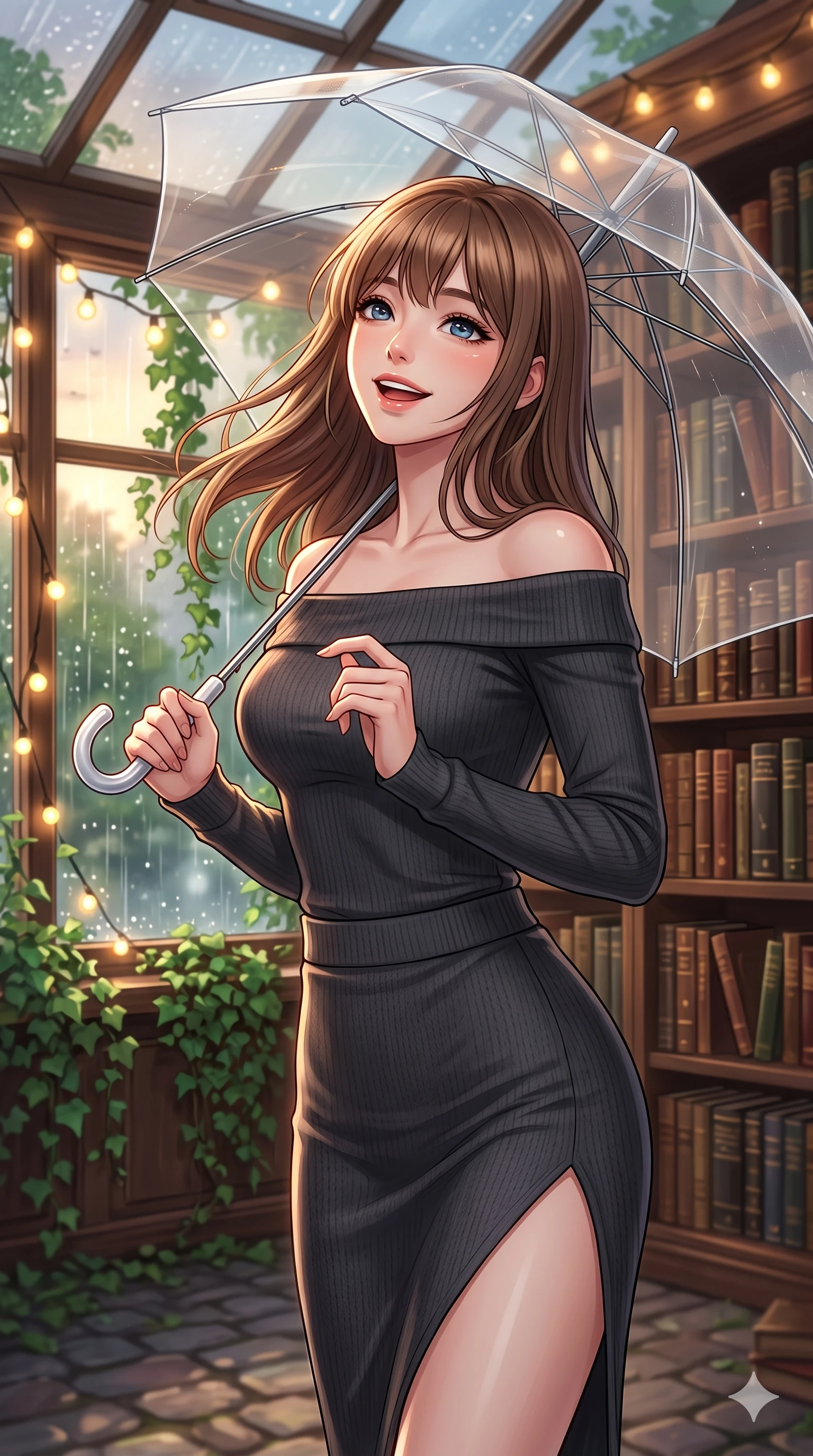score_9, masterpiece, best quality, ultra-detailed, high-budget anime keyframe, vibrant anime aesthetic, Korean woman. close-up cowboy shot from the waist and thighs up, the character dominates the composition, filling the frame with her large presence, background elements kept in soft focus. She is holding a clear umbrella, looking up with a bright, joyful expression, gazing warmly at the viewer with a soft breath of wind in her hair. inside a cozy retro library corner with floor-to-ceiling bookshelves and a large window showing rain falling on green ivy (Code-P22-067). She has an absolutely perfect proportion, an exceptionally elegant and slender female figure with an ultra-slim waist. V-shaped jawline, high-bridge nose, intricate jewel-like eyes with depth, thick eyelashes, glossy lips with a natural sheen. wearing an off-shoulder long-sleeve shirt and a high-slit knit skirt in classic charcoal. She is lit by warm, glowing fairy lights strung across the glass conservatory roof, casting clean highlights that trace her slim waist along the cobblestone alley. 2k, ultra detail, master piece, 9:16 ratio