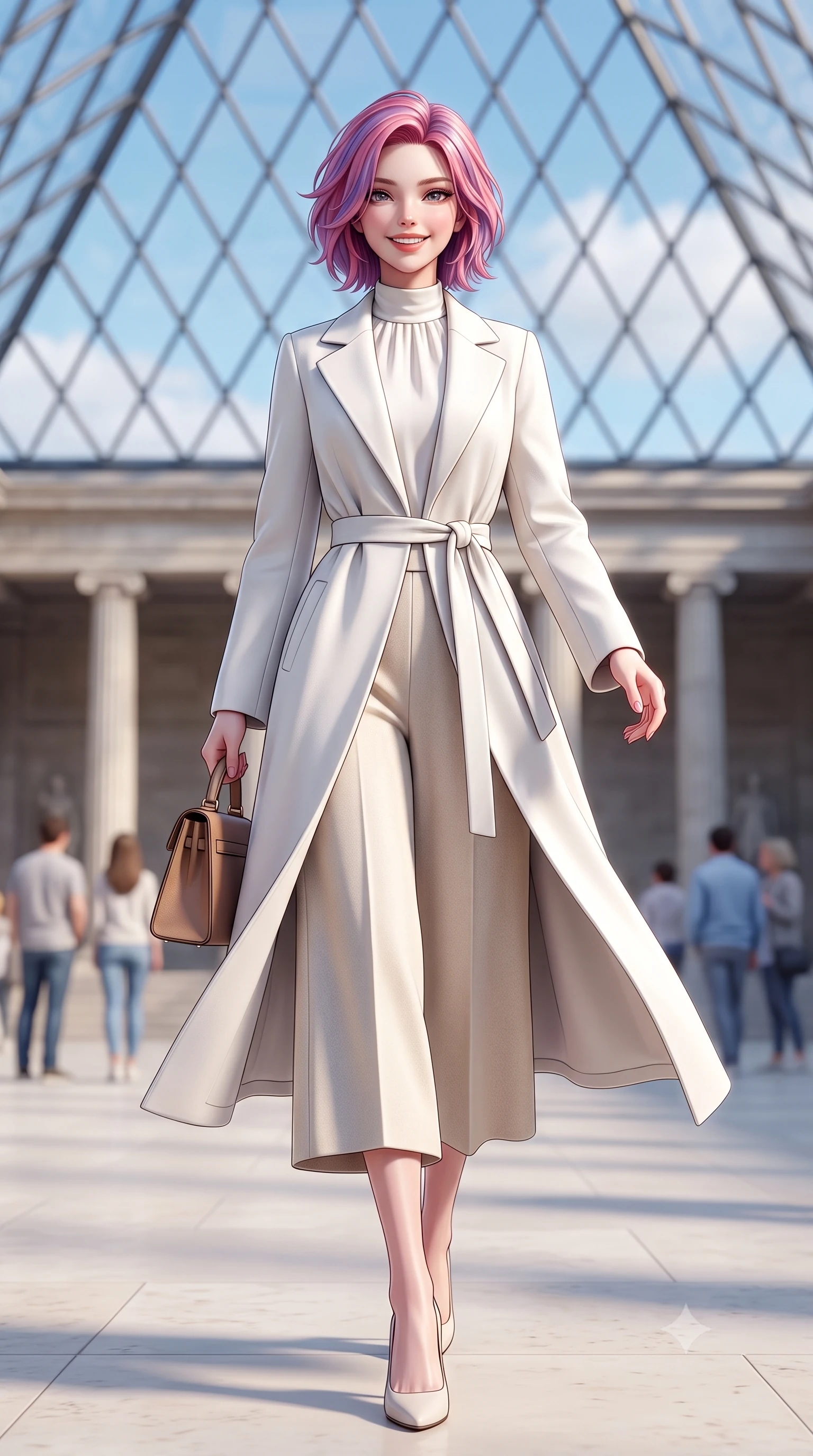 score_9, masterpiece, best quality, ultra-detailed, high-budget anime keyframe, semi-realistic 3D game render, editorial fashion photography, tasteful artistic composition, Caucasian woman. low angle full-body shot from head to toe showing her feet, filling the entire 9:16 vertical frame with her statuesque presence, stretching her vertical silhouette. walking briskly with tall supermodel strides, one hand holding her leather bag and the other swinging with energetic charm while stepping gracefully across the vast limestone courtyard floor, her long tailored coat flowing with statuesque elegance. The background shows a soft-focus triangular glass roof lattice patterns against blue autumn sky, neoclassical colonnades, and museum visitors blurred into alabaster, sky blue, and dove grey bokeh. She has an exceptionally tall and slender model-like 8.5-heads proportion, an ultra-slim waist, a flat toned midriff, narrow delicate ribcage, and beautifully sculpted feminine hips creating a graceful, slim hourglass silhouette without any bulky heaviness, with impossibly long slender legs. sharp v-shaped jawline, high-bridge nose, intricate jewel-like sparkling eyes with depth, thick eyelashes, glossy parted lips with a natural peach sheen, bright cheerful beaming smile with an enchanting and coquettish sensual glint, exuding both youthful cute charm and seductive allure, flawlessly proportioned anatomical accuracy, strict slender model proportions, natural body alignment, perfectly sculpted long slender limbs, ultra-slim waistline, clean dynamic posture without body distortion. wearing a modern tailored silk-blend robe coat with minimalist sash belt layered over a high-neck blouse and wide culottes in Swiss alpine snow white and oat cashmere, tailored from heavyweight double-faced wool with clean architectural edges, finished with a structured leather top-handle mini bag resting gracefully at her side, the streamlined silhouette following her natural slender proportions with sophisticated poise, enhancing her tall willowy presence. illuminated by pale stone reflection bounce and sharp platinum rim lights sculpting her jawline, narrow waist, and statuesque proportions. highly saturated vibrant anime colors, detailed shading with soft gradients, rich glossy textures, high-contrast stereoscopic depth, volumetric dynamic lighting, master piece, 9:16 ratio