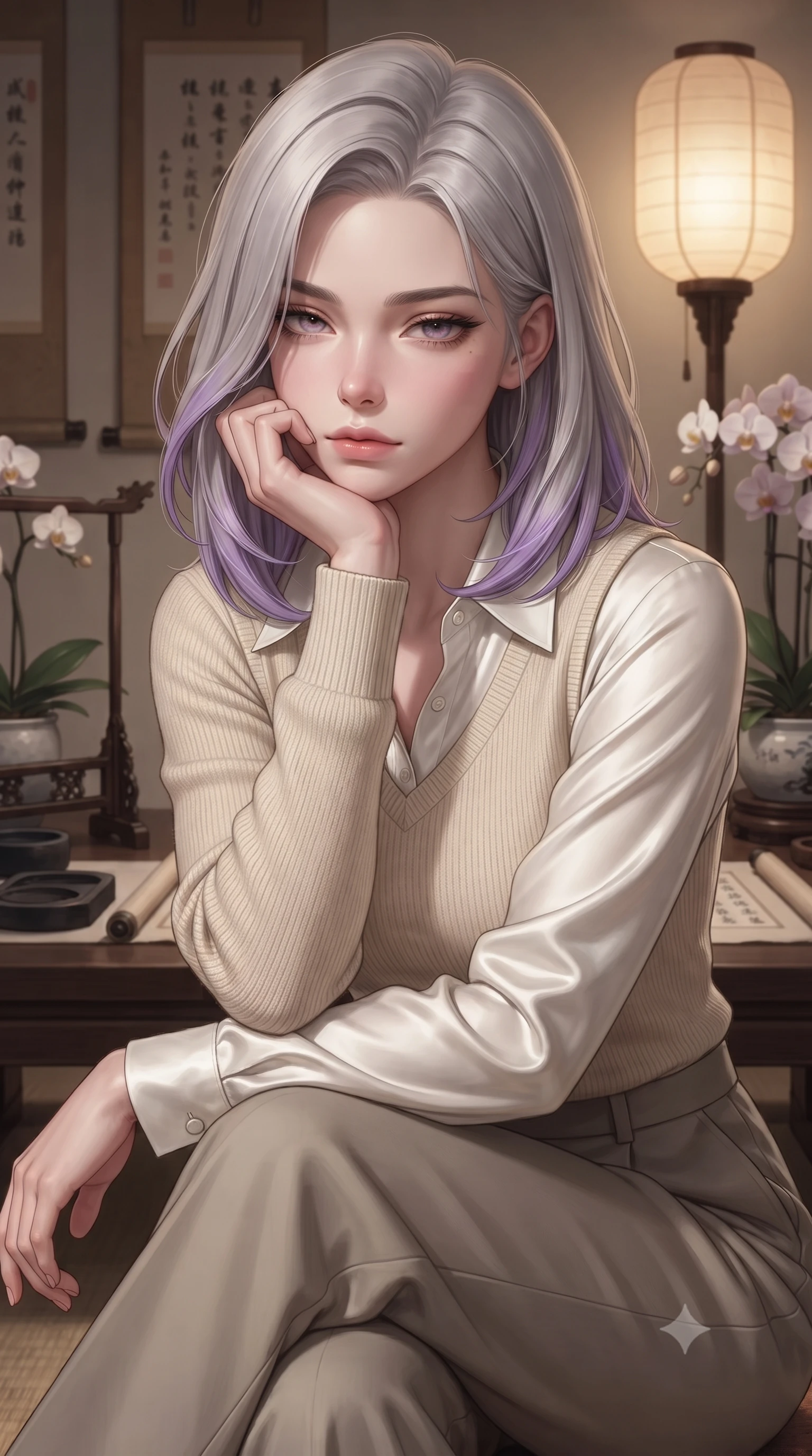 score_9, masterpiece, best quality, ultra-detailed, high-budget anime keyframe, editorial fashion photography, tasteful artistic composition, Caucasian woman. close-up cowboy shot from the waist and thighs up, the character dominates the composition, filling the frame with her large presence, background elements kept in soft focus. resting her chin on the backs of her fingers, casting a heavy-lidded, sultry look past the camera the background shows a soft-focus a traditional study room with wooden scrolls, ink stones, and orchid plants. She has an exceptionally elegant, slender, and willowy female figure with an ultra-slim waist, a gracefully sculpted slender torso, and a refined silhouette. sharp v-shaped jawline, high-bridge nose, intricate jewel-like eyes with depth, thick eyelashes, glossy lips with a natural sheen. wearing a form-contouring comfortable cream knit sweater worn over a white silk button-down shirt and relaxed slacks. soft warm paper lamp glow creating a quiet and meditative atmosphere. ultra-reflective glossy finish, specular highlights, metallic sheen, high-contrast stereoscopic depth, volumetric dynamic lighting, 2k, ultra detail, master piece, 9:16 ratio