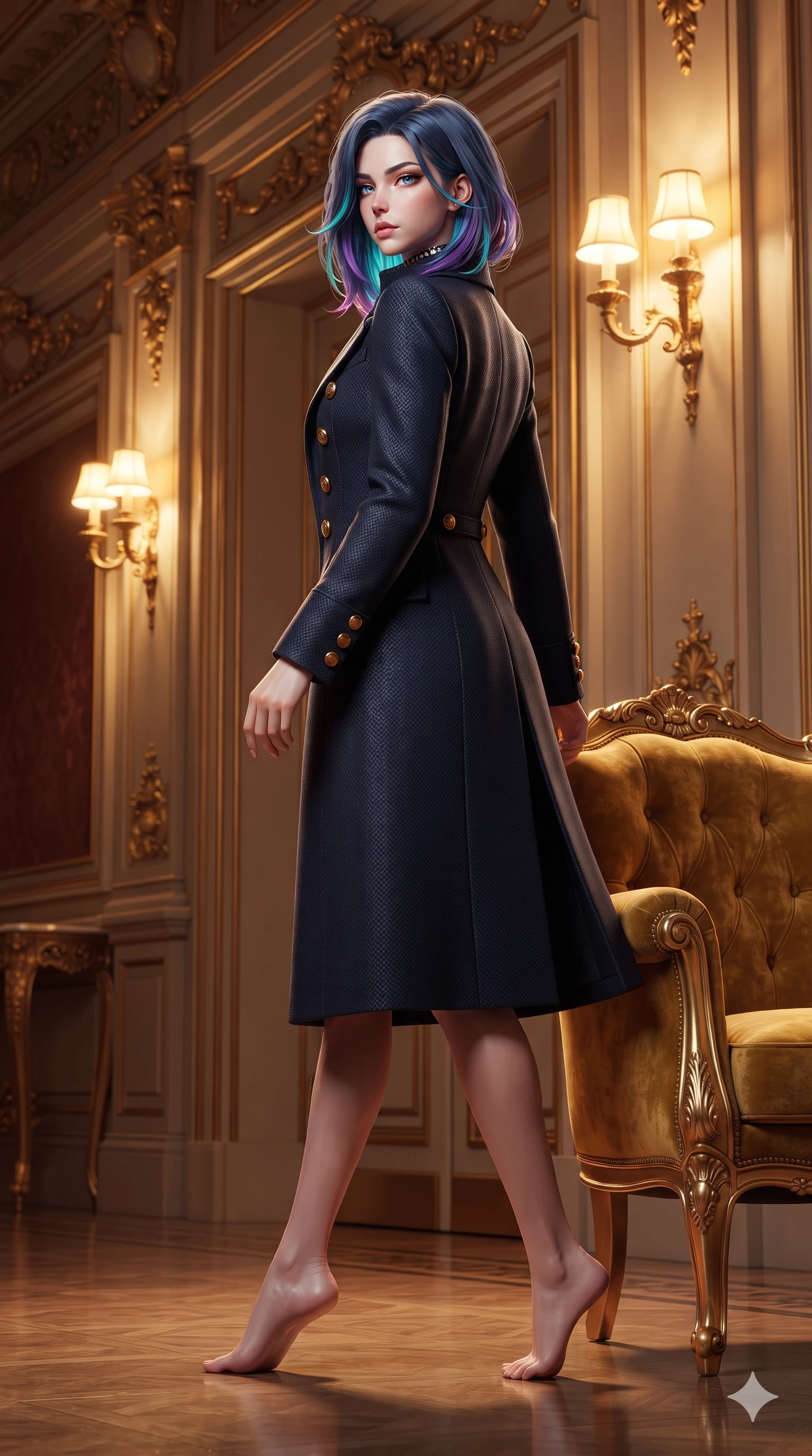 score_9, masterpiece, best quality, ultra-detailed, high-budget anime keyframe, semi-realistic 3D game render, editorial fashion photography, tasteful artistic composition, Caucasian woman. low angle full-body shot from head to toe showing her feet, filling the entire 9:16 vertical frame with her statuesque presence, stretching her vertical silhouette. walking along the terrace with poise, looking back over her bare shoulder with an irresistible smoldering bedroom-gaze while sitting perched on the arm of the gilded velvet armchair with legs crossed, arching her spine with supermodel poise under opulent wall sconces. The surrounding environment is rendered in vivid detail and crisp panoramic clarity: detailed anime keyframe lines, rich glossy textures, and classical Italian opera ornamentation in high clarity. She has an exceptionally tall and slender model-like 8.5-heads proportion, an ultra-slim waist, a flat toned midriff, narrow delicate ribcage, and beautifully sculpted feminine hips creating a graceful, slim hourglass silhouette without any bulky heaviness, with impossibly long slender legs. sharp v-shaped jawline, high-bridge nose, intricate jewel-like eyes with depth, thick eyelashes, glossy parted lips with a natural sheen, intensely captivating and seductive bedroom-eyes expression, flawlessly proportioned anatomical accuracy, strict slender model proportions, natural body alignment, perfectly sculpted long slender limbs, ultra-slim waistline, clean dynamic posture without body distortion. wearing a structured high-collar Victorian opera greatcoat in midnight navy wool with polished brass crest buttons in warm Tuscan ochre and terracotta sienna, woven from structured carbon-fiber jacquard with rich textural depth, complemented by a bold geometric choker and sparkling cocktail ring, the bespoke structured tailoring following the natural line of her 8.5-heads silhouette with refined elegance. bathed in warm 2500K golden wall sconce radiance contrasted with dramatic auditorium ambient glow. highly saturated vibrant anime colors, detailed shading with soft gradients, rich glossy textures, high-contrast stereoscopic depth, volumetric dynamic lighting, master piece, 9:16 ratio