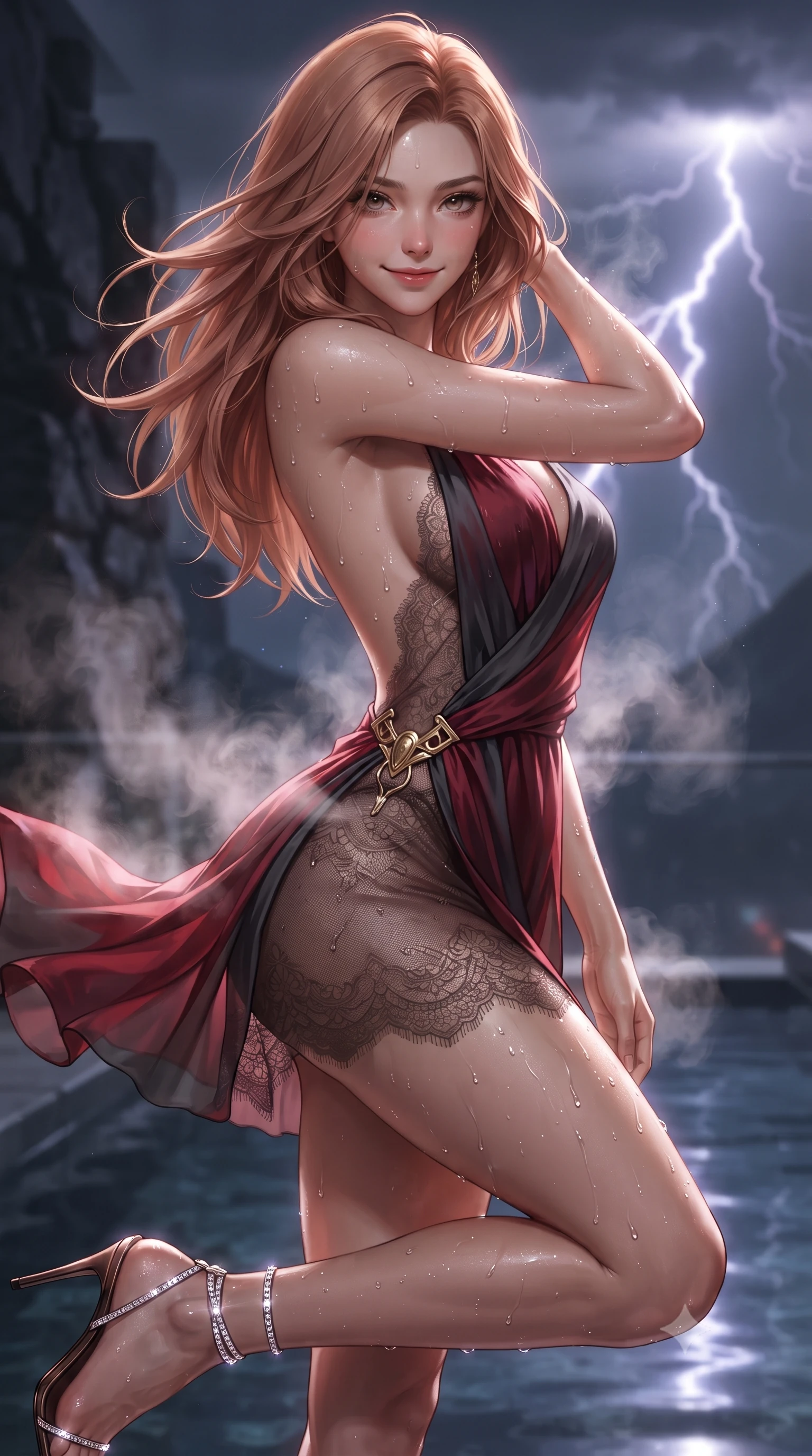 score_9, masterpiece, best quality, ultra-detailed, high-budget anime keyframe, editorial fashion photography, tasteful artistic composition, Korean woman. close-up cowboy shot from the waist and thighs up, the character dominates the composition, filling the frame with her large presence. turning slowly with an enchanting smoldering smile, her glossy hair tossing in the breeze as her hips angle gracefully in a captivating contrapposto while twisting her slender torso in an alluring S-curve, warm mineral steam swirling around her bare shoulders, flat midriff, and hips as lightning flashes. The surrounding environment is rendered in vivid detail and crisp panoramic clarity: sharp glass infinity edge rim reflections, volcanic basalt stone texture, and glistening water droplets on toned skin in deep focus. She has an exceptionally elegant, slender, and willowy female figure with an ultra-slim waist, flat toned midriff, narrow ribcage, and sculpted feminine hips creating an alluring, slim hourglass silhouette without bulk. sharp v-shaped jawline, high-bridge nose, sparkling eyes with hypnotic seductive depth, thick curled eyelashes, glossy parted lips with a natural dewy peach sheen, alluring bedroom-eyes with an enchanting coquettish smile, exuding magnetic siren charisma and sophisticated glamour, flawlessly proportioned anatomical accuracy, strict slender model proportions, natural body alignment, perfectly sculpted long slender limbs, ultra-slim waistline, clean dynamic posture without body distortion. wearing a draped Greek-goddess style silk chiffon mini toga dress with an open back and golden hip fibula in rich cherry lacquer and smoky charcoal, made of delicate semi-sheer French Chantilly lace with intricate eyelash edges, complemented by strappy stiletto sandals with crystal ankle wraps accentuating her slender calves, the liquid-tight tailored fabric clinging flawlessly to her narrow waist and rounded feminine hips, emphasizing every millimeter of her sculpted slim hourglass curves without any bulky heaviness. illuminated by steam particle light scatter and sharp platinum-violet rim lights defining her razor-sharp jawline, narrow waist, and voluptuous hip curves. ultra-reflective glossy finish, specular highlights, rich textural contrasts, high-contrast stereoscopic depth, volumetric dynamic lighting, 2k, ultra detail, master piece, 9:16 ratio
