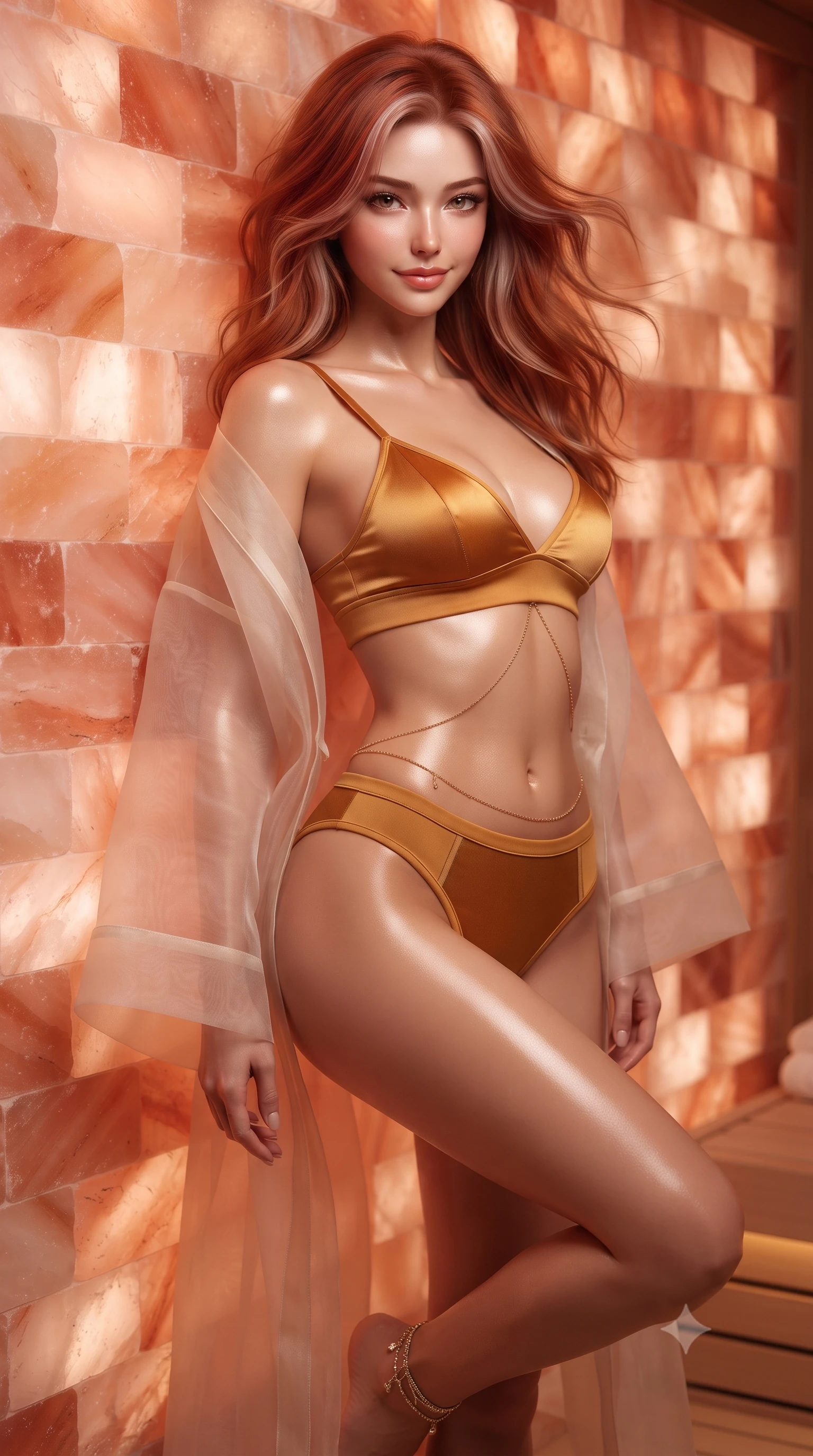 score_9, masterpiece, best quality, ultra-detailed, high-budget anime keyframe, editorial fashion photography, tasteful artistic composition, Caucasian woman. close-up cowboy shot from the waist and thighs up, the character dominates the composition, filling the frame with her large presence. turning slowly with an enchanting smoldering smile, her glossy hair tossing in the breeze as her hips angle gracefully in a captivating contrapposto while leaning back against the illuminated pink Himalayan salt brick wall with hips cocked back, arching her spine with relaxed seductive grace. The surrounding environment is rendered in vivid detail and crisp panoramic clarity: detailed wet-look lycra swimwear cling, delicate ankle chain gleam, and bespoke yacht spa craftsmanship in high resolution. She has an exceptionally elegant, slender, and willowy female figure with an ultra-slim waist, flat toned midriff, narrow ribcage, and sculpted feminine hips creating an alluring, slim hourglass silhouette without bulk. sharp v-shaped jawline, high-bridge nose, sparkling eyes with hypnotic seductive depth, thick curled eyelashes, glossy parted lips with a natural dewy peach sheen, alluring bedroom-eyes with an enchanting coquettish smile, exuding magnetic siren charisma and sophisticated glamour, flawlessly proportioned anatomical accuracy, strict slender model proportions, natural body alignment, perfectly sculpted long slender limbs, ultra-slim waistline, clean dynamic posture without body distortion. wearing a sheer organza kimono robe worn loose and slipping off bare shoulders over a matching satin bralette and high-waisted briefs in warm amber honey and antique gold leaf, tailored from fine structural neoprene with crisp architectural edges and smooth contouring, accented with a dainty gold belly chain resting across her flat midriff and curving hips, the glove-like clinging cut tightly following the natural contour of her hips and long slender legs with youthful 8.5-heads elegance. illuminated by cedar wood bounce and sharp rose-gold rim lights defining her delicate clavicles, ultra-slim waist, and curvy hips. ultra-reflective glossy finish, specular highlights, rich textural contrasts, high-contrast stereoscopic depth, volumetric dynamic lighting, 2k, ultra detail, master piece, 9:16 ratio