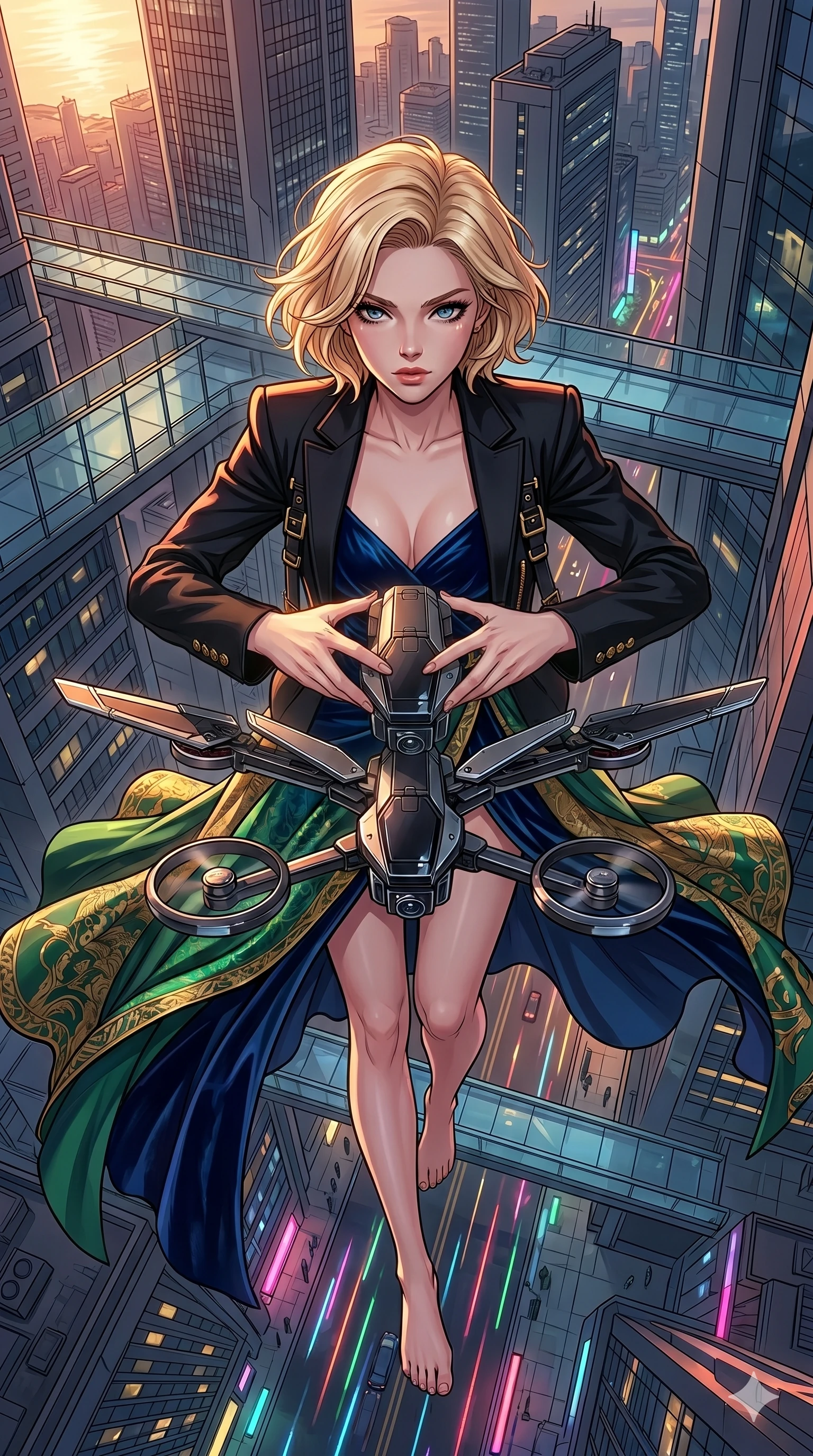 score_9, masterpiece, best quality, ultra-detailed, high-budget anime movie keyframe, cinematic anime lighting, intricate line art, Korean woman. Extreme high angle shot as she leaps towards the camera, filling the frame. reparing a drone's wings as it hovers in front of her. She has an graceful and slender female figure with elegant proportions. strictly human anatomy, two legs only, no extra limbs, clearly defined legs and arms, well-defined anatomy, perfect hands and fingers. sharp v-shaped jawline, high-bridge nose, intricate jewel-like eyes, thick eyelashes, glossy lips. Wearing High-Fashion Editorial: Sophisticated silk gown, elegant velvet dress, and a structured designer blazer. The scene is illuminated by dramatic atmospheric lighting and vibrant color palettes. , 2k, ultra detail, master piece, 9:16 ratio