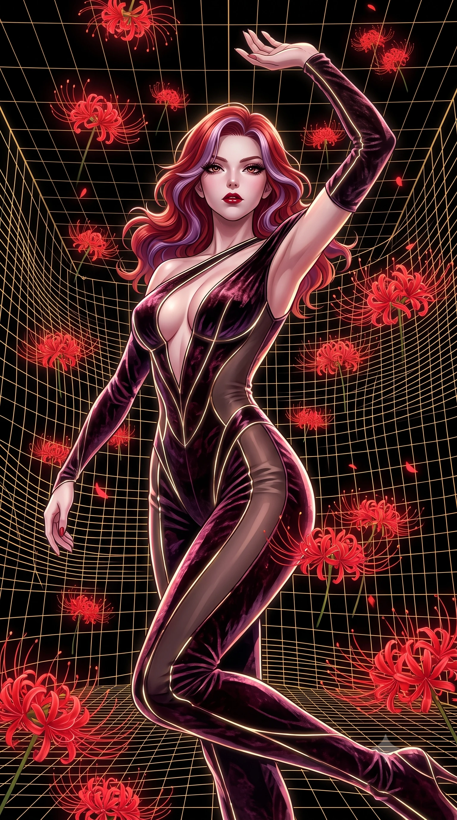 score_9, masterpiece, best quality, ultra-detailed, High-budget Anime Keyframe, Caucasian woman, strictly human ears. Low angle cowboy shot filling the entire 9:16 frame with her statuesque presence. Scenario 263: dancing amidst falling red spider lilies inside a digital arena where gold gridlines project onto the black walls. Her presence is magnetic and overpowering in this high-budget anime scene. Outfit 263: a tailored crushed dark velvet sheer with a low-cut shoulder and glowing LED seams. The clothing is designed to emphasize her exceptionally tall and slender 8-heads proportion. 8-heads proportion, towering silhouette, ultra-slim waist. sharp v-shaped jawline, intricate jewel-like eyes with depth, thick eyelashes, glossy lips. 2k, ultra detail, master piece, 9:16 ratio