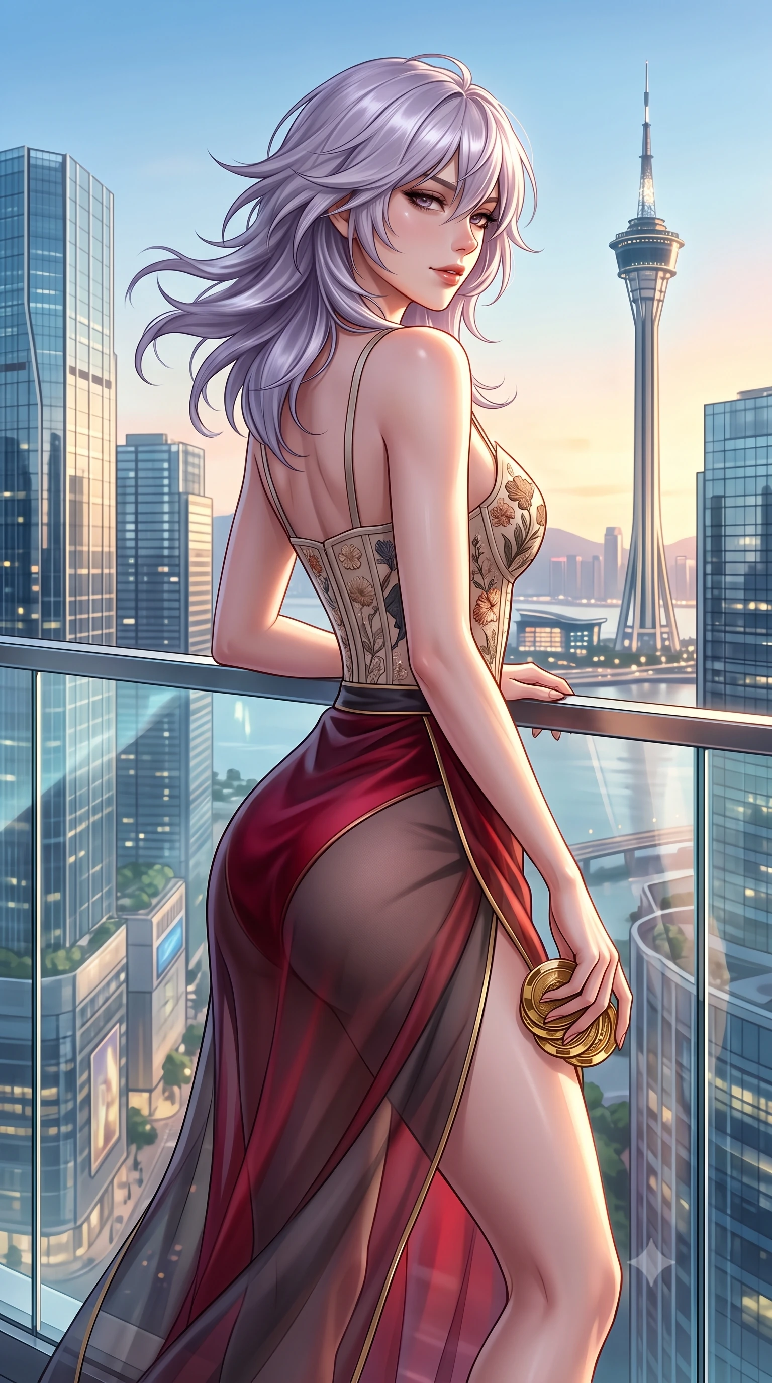 score_9, masterpiece, best quality, ultra-detailed, high-budget anime keyframe, semi-realistic 3D game render, editorial fashion photography, tasteful artistic composition, Japanese woman. close-up cowboy shot from the waist and thighs up, the character dominates the composition, filling the frame with her large presence. turning slowly with an enchanting smoldering smile, her glossy hair tossing in the breeze as her hips angle gracefully in a captivating contrapposto while leaning against the glass balustrade with hips cocked back, looking over a bare shoulder toward the needle spire of Macau Tower. The surrounding environment is rendered in vivid detail and crisp panoramic clarity: detailed high-slit silk satin gown tailoring, dewy skin highlights, and modern skyscraper architecture in high resolution. She has an exceptionally elegant, slender, and willowy female figure with an ultra-slim waist, flat toned midriff, narrow ribcage, and sculpted feminine hips creating an alluring, slim hourglass silhouette without bulk. sharp v-shaped jawline, high-bridge nose, sparkling eyes with hypnotic seductive depth, thick curled eyelashes, glossy parted lips with a natural dewy peach sheen, alluring bedroom-eyes with an enchanting coquettish smile, exuding magnetic siren charisma and sophisticated glamour, flawlessly proportioned anatomical accuracy, strict slender model proportions, natural body alignment, perfectly sculpted long slender limbs, ultra-slim waistline, clean dynamic posture without body distortion. wearing a plunging sweetheart-neckline boned corset top with pressed flower embroidery paired with a sheer organza wrap skirt in rich cherry lacquer and smoky charcoal with gold piping, made of semi-opaque stretch illusion mesh with soft shadowy contours, accented with a stack of engraved gold casino plaques held loosely in one hand, the glove-like clinging cut tightly following the natural contour of her hips and long slender legs with youthful 8.5-heads elegance. illuminated by glass reflection bounce and sharp platinum rim lights defining her razor-sharp jawline, narrow waist, and curvy hips. highly saturated vibrant anime colors, detailed shading with soft gradients, rich glossy textures, high-contrast stereoscopic depth, volumetric dynamic lighting, master piece, 9:16 ratio
