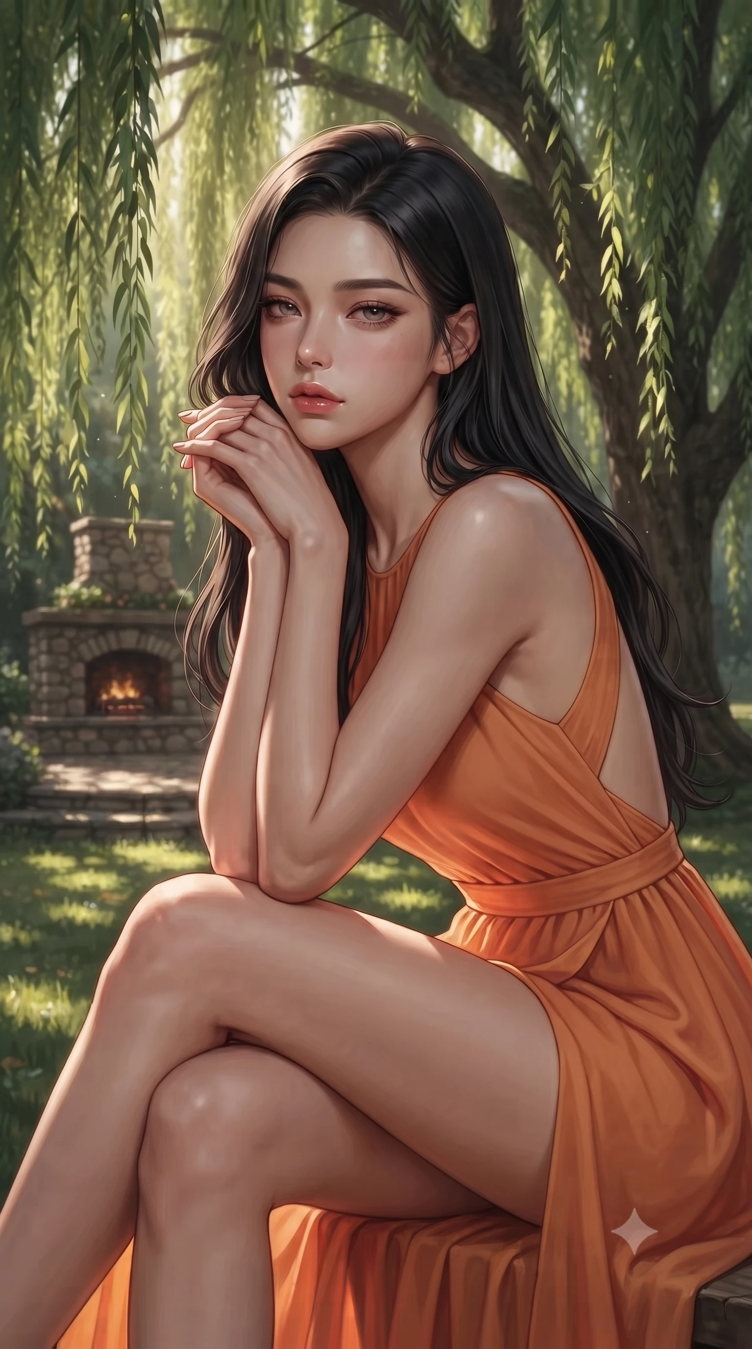 score_9, masterpiece, best quality, ultra-detailed, high-budget anime keyframe, editorial fashion photography, tasteful artistic composition, Korean woman. close-up cowboy shot from the waist and thighs up, the character dominates the composition, filling the frame with her large presence, background elements kept in soft focus. resting her chin on the backs of her fingers, casting a heavy-lidded, sultry look past the camera the background shows a soft-focus a rustic stone fireplace deck under a large weeping willow tree in a private park. She has an exceptionally elegant, slender, and willowy female figure with an ultra-slim waist, a gracefully sculpted slender torso, and a refined silhouette. sharp v-shaped jawline, high-bridge nose, intricate jewel-like eyes with depth, thick eyelashes, glossy lips with a natural sheen. wearing a tailored high-slit resort gown in sunset orange chiffon, featuring a daring thigh-slit and open back. dappled sunbeams filtering through the willow leaves onto the grass. ultra-reflective glossy finish, specular highlights, metallic sheen, high-contrast stereoscopic depth, volumetric dynamic lighting, 2k, ultra detail, master piece, 9:16 ratio