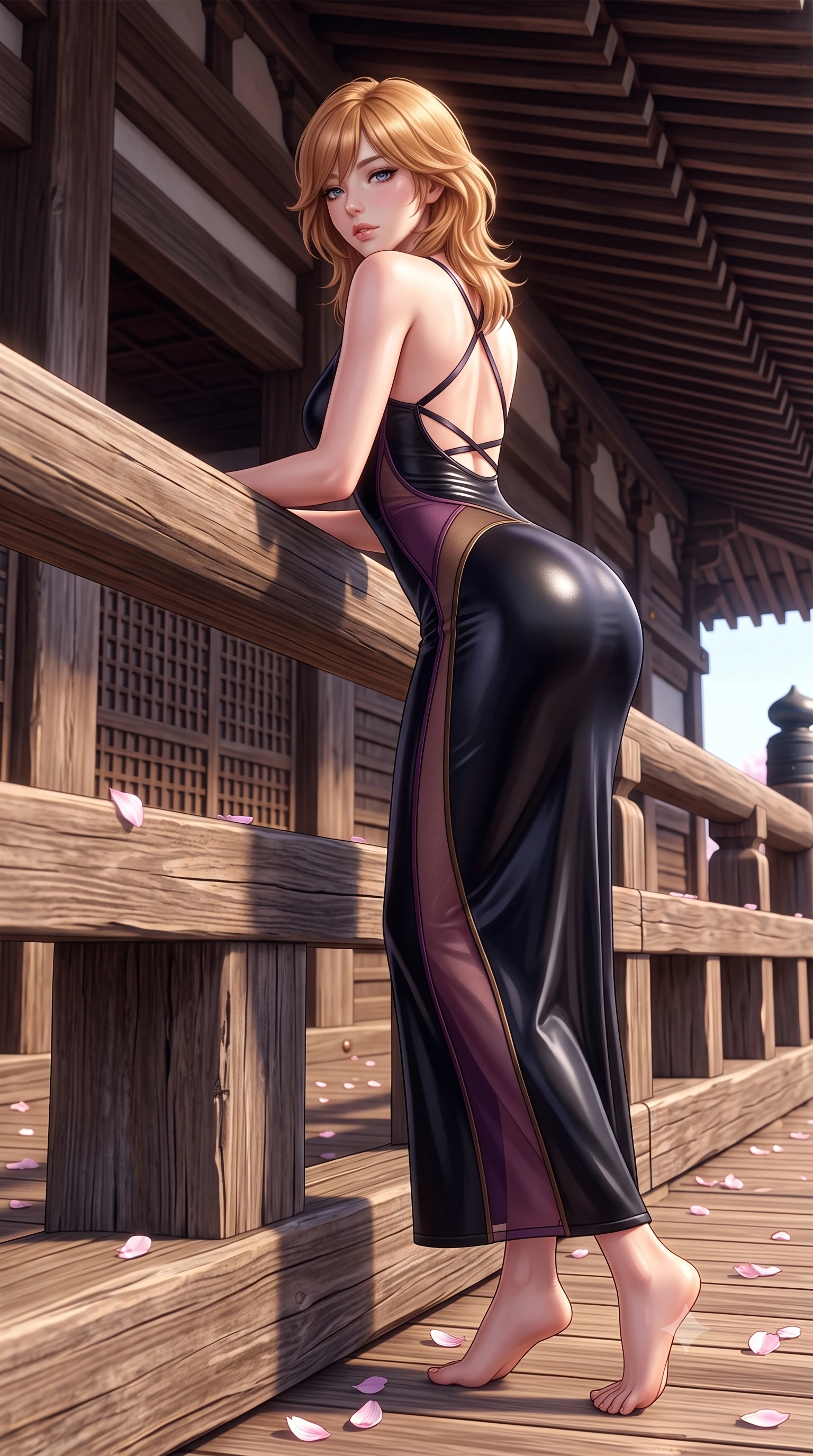 score_9, masterpiece, best quality, ultra-detailed, high-budget anime keyframe, semi-realistic 3D game render, editorial fashion photography, tasteful artistic composition, Korean woman. low angle full-body shot from head to toe showing her feet, filling the entire 9:16 vertical frame with her statuesque presence, stretching her vertical silhouette. leaning deep against the structural architecture with hips cocked in an unapologetically bold, seductive high-fashion stance while leaning against the massive weathered cypress railing with hips cocked back, looking over her shoulder with peaceful, seductive bedroom-eyes. The surrounding environment is rendered in vivid detail and crisp panoramic clarity. sharp weathered Japanese cypress plank grain, falling cherry blossom petal veins, and temple roof tile geometry in deep focus. She has an exceptionally tall and slender model-like 8.5-heads proportion, an ultra-slim waist, a flat toned midriff, narrow delicate ribcage, and beautifully sculpted feminine hips creating a graceful, slim hourglass silhouette without any bulky heaviness, with impossibly long slender legs. sharp v-shaped jawline, high-bridge nose, intricate jewel-like eyes with depth, thick eyelashes, glossy parted lips with a natural sheen, intensely captivating and seductive bedroom-eyes expression, flawlessly proportioned anatomical accuracy, strict slender model proportions, natural body alignment, perfectly sculpted long slender limbs, ultra-slim waistline, clean dynamic posture without body distortion. wearing a second-skin black silk jersey maxi dress with asymmetrical sheer mesh side panels tracing the full curve of her hip in deep plum violet and antique bronze, tailored from second-skin aerodynamic stretch vinyl with specular wet sheen, finished with criss-cross back satin straps highlighting her graceful shoulder blades, the liquid-tight tailored fabric clinging flawlessly to her narrow waist and rounded feminine hips, emphasizing every millimeter of her sculpted slim hourglass curves without any bulky heaviness. illuminated by warm wooden deck bounce light sculpting her razor-sharp jawline, narrow waist, and curvy hips. highly saturated vibrant anime colors, detailed shading with soft gradients, rich glossy textures, high-contrast stereoscopic depth, volumetric dynamic lighting, master piece, 9:16 ratio