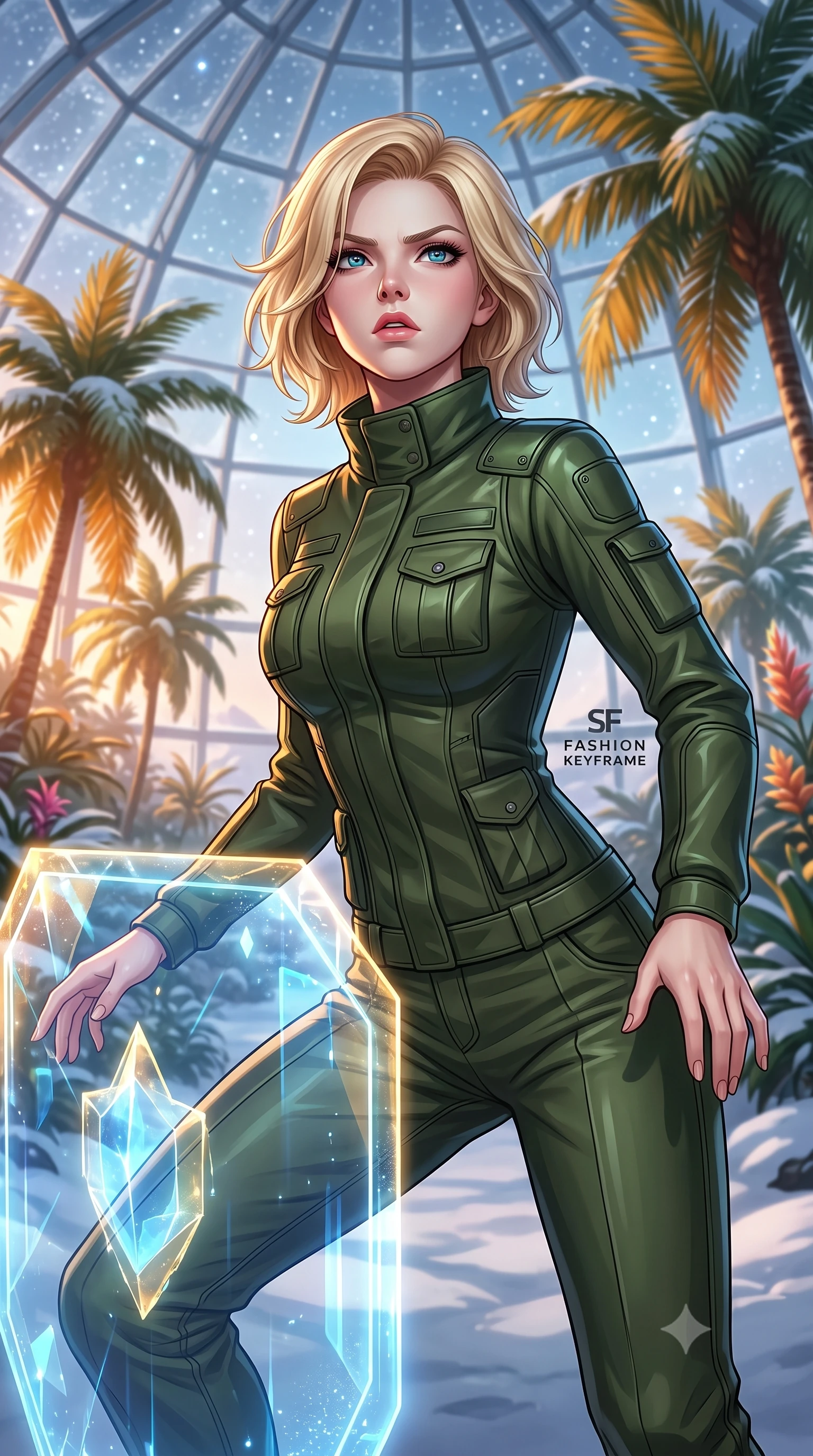 score_9, masterpiece, best quality, ultra-detailed, high-budget anime keyframe, editorial fashion photography, tasteful artistic composition, Caucasian woman. close-up cowboy shot from the waist and thighs up, the character dominates the composition, filling the frame with her large presence, background elements kept in soft focus. crouching slightly behind a glowing holographic shield emitter, looking up with defiance and lips slightly parted, the background shows a soft-focus a glass greenhouse dome built in a snowy biome, filled with warm tropical palms. She has an exceptionally elegant, slender, and willowy female figure with an ultra-slim waist, a gracefully sculpted slender torso, and a refined silhouette. sharp v-shaped jawline, high-bridge nose, intricate jewel-like eyes with depth, thick eyelashes, glossy lips with a natural sheen. wearing a body-hugging protective combat pilot jacket in deep olive green, featuring a high collar, utility pockets, and straight-fit trousers. soft silver starlight filtering through glass panels, creating a cool ambient glow. highly saturated vibrant anime colors, detailed shading with soft gradients, rich glossy textures, high-contrast stereoscopic depth, volumetric dynamic lighting, master piece, 9:16 ratio