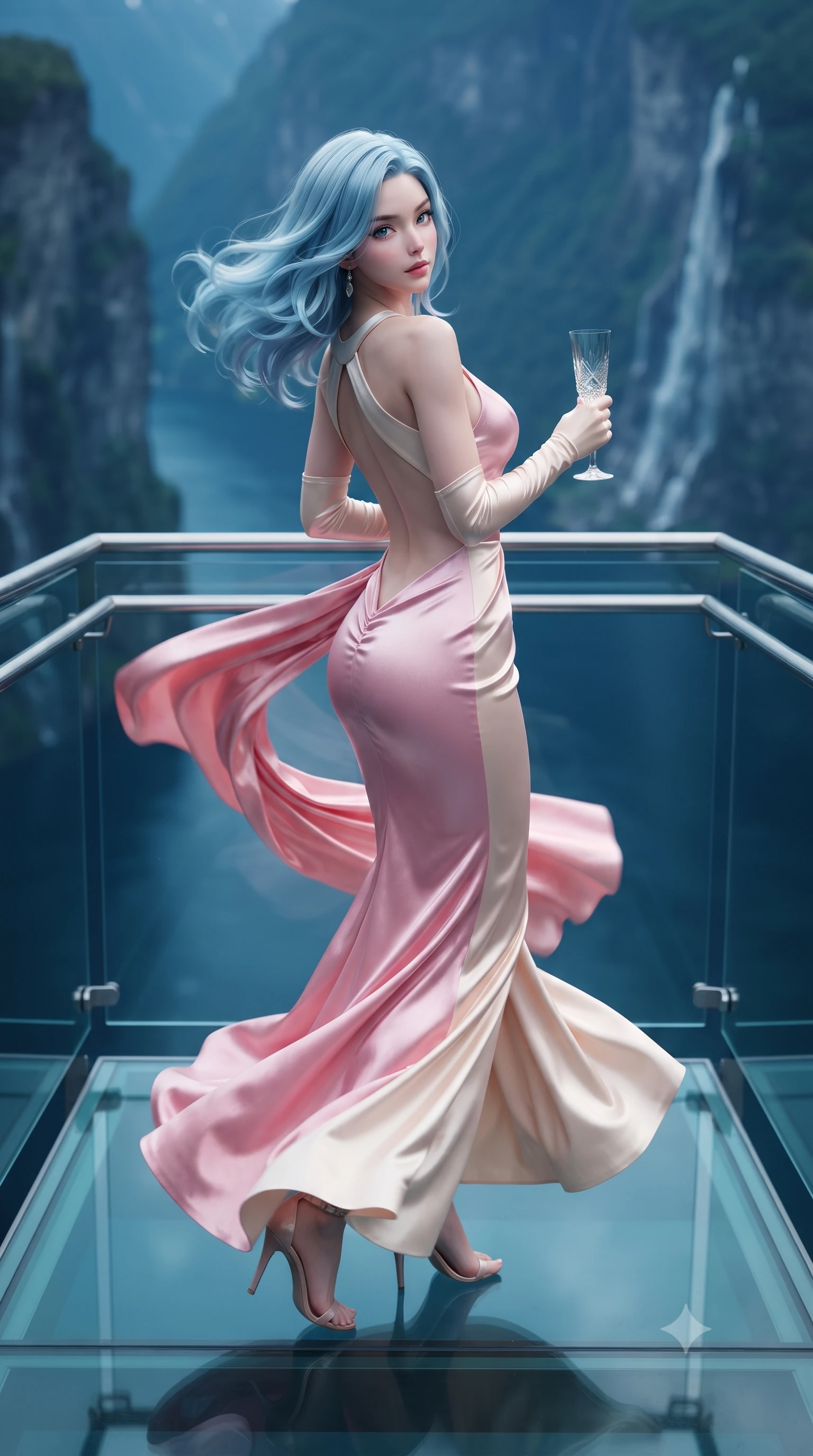 score_9, masterpiece, best quality, ultra-detailed, high-budget anime keyframe, semi-realistic 3D game render, editorial fashion photography, tasteful artistic composition, Korean woman. low angle full-body shot from head to toe showing her feet, filling the entire 9:16 vertical frame with her statuesque presence, stretching her vertical silhouette. executing an elegant mid-motion pivot turn as garments swirl around her slender limbs, glancing over her shoulder with an intoxicating bedroom-gaze while standing poised on the cantilevered glass viewing platform suspended 1,000 meters above the deep blue fjord, arching her back with fearless supermodel grace. The composition keeps background elements in soft focus with creamy bokeh. sheer vertical fjord rock walls and cascading waterfalls blurred into deep cobalt, emerald, and misty white bokeh. She has an exceptionally tall and slender model-like 8.5-heads proportion, an ultra-slim waist, a flat toned midriff, narrow delicate ribcage, and beautifully sculpted feminine hips creating a graceful, slim hourglass silhouette without any bulky heaviness, with impossibly long slender legs. sharp v-shaped jawline, high-bridge nose, intricate jewel-like eyes with depth, thick eyelashes, glossy parted lips with a natural sheen, intensely captivating and seductive bedroom-eyes expression, flawlessly proportioned anatomical accuracy, strict slender model proportions, natural body alignment, perfectly sculpted long slender limbs, ultra-slim waistline, clean dynamic posture without body distortion. wearing a sculptured liquid-satin mermaid gown with an architectural open-waist cutout and bare spine in sakura blossom pink and warm ivory, crafted from heavyweight crushed silk velvet with liquid vintage luster, accessorized with opera-length satin gloves and a vintage crystal glass, the dramatically scooped open back descending to the base of her spine, accentuating her razor-sharp statuesque lines and slim hourglass silhouette. illuminated by crisp northern fjord ambient light contouring her razor-sharp jawline, narrow waist, and curvy hips. highly saturated vibrant anime colors, detailed shading with soft gradients, rich glossy textures, high-contrast stereoscopic depth, volumetric dynamic lighting, master piece, 9:16 ratio