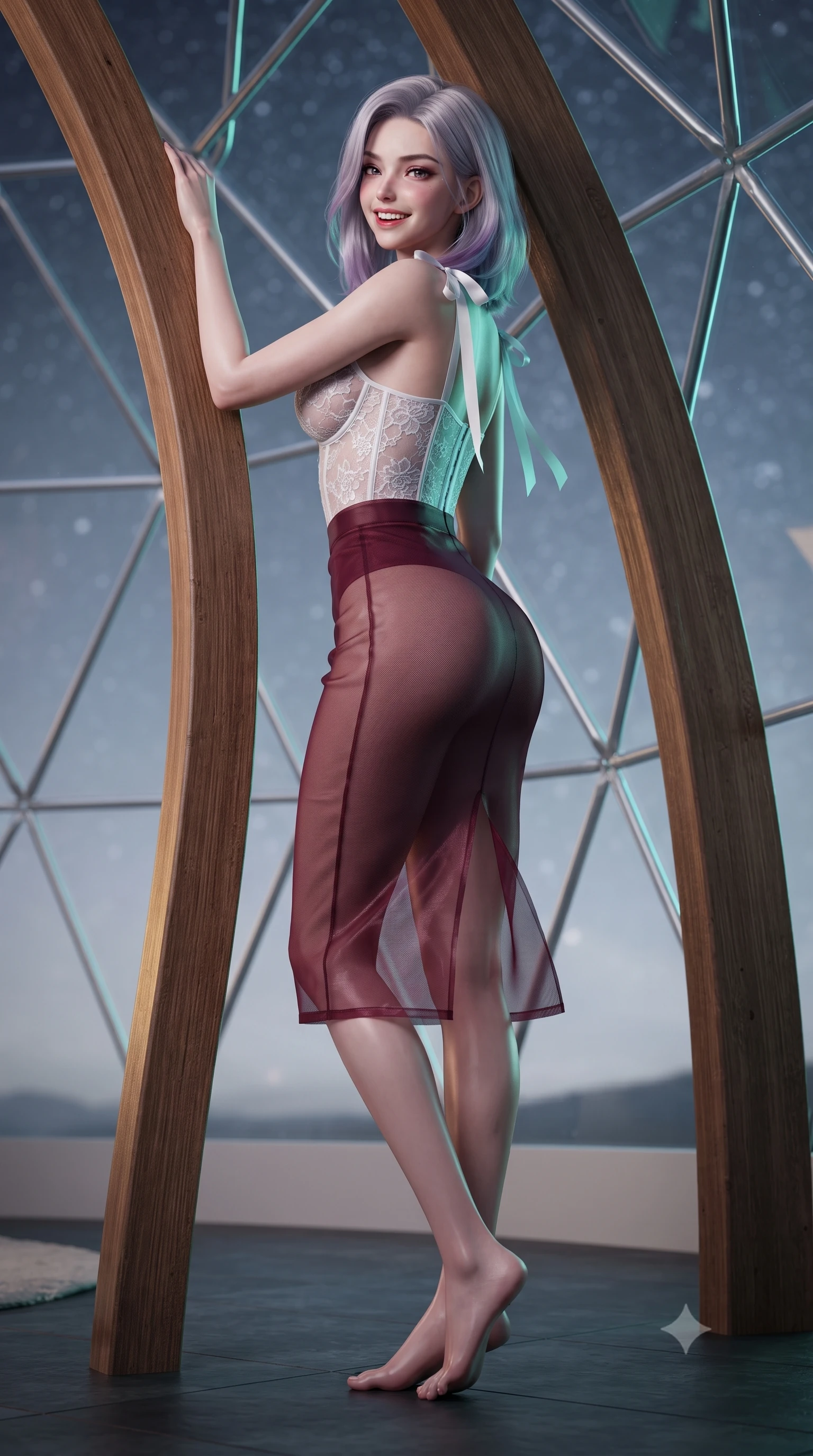 score_9, masterpiece, best quality, ultra-detailed, high-budget anime keyframe, editorial fashion photography, tasteful artistic composition, Caucasian woman. low angle full-body shot from head to toe showing her feet, filling the entire 9:16 vertical frame with her statuesque presence, stretching her vertical silhouette. executing a slow, graceful pivot turn as her skirt sways around her slender legs, glancing back with an enchanting, teasing sensual expression while leaning against the curved timber support beam with hips cocked back, looking through transparent triangles with heavy-lidded bedroom-eyes. The surrounding environment is rendered in vivid detail and crisp panoramic clarity: detailed sculpted underwire corset in sheer frost-white Chantilly lace, sheer mesh pencil skirt slit, and polar dome architecture in razor-sharp precision. She has an exceptionally tall and slender model-like 8.5-heads proportion, an ultra-slim waist, a flat toned midriff, narrow delicate ribcage, and beautifully sculpted feminine hips creating a graceful, slim hourglass silhouette without any bulky heaviness, with impossibly long slender legs. sharp v-shaped jawline, high-bridge nose, intricate jewel-like sparkling eyes with depth, thick eyelashes, glossy parted lips with a natural peach sheen, bright cheerful beaming smile with an enchanting and coquettish sensual glint, exuding both youthful cute charm and seductive allure, flawlessly proportioned anatomical accuracy, strict slender model proportions, natural body alignment, perfectly sculpted long slender limbs, ultra-slim waistline, clean dynamic posture without body distortion. wearing a sculpted underwire corset in sheer frost-white Chantilly lace paired with a high-waisted sheer mesh pencil skirt with back slit in French boudoir bordeaux wine and antique brass, crafted from translucent silk organza with an ethereal crystalline sheen, finished with satin ribbon ties at the shoulders fluttering in the gentle breeze, the liquid-tight tailored fabric clinging flawlessly to her narrow waist and rounded feminine hips, emphasizing every millimeter of her sculpted slim hourglass curves without any bulky heaviness. illuminated by slate floor reflection fill and sharp neon-emerald and platinum rim lights sculpting her jawline, narrow waist, and curvy hips. ultra-reflective glossy finish, specular highlights, rich textural contrasts, high-contrast stereoscopic depth, volumetric dynamic lighting, 2k, ultra detail, master piece, 9:16 ratio