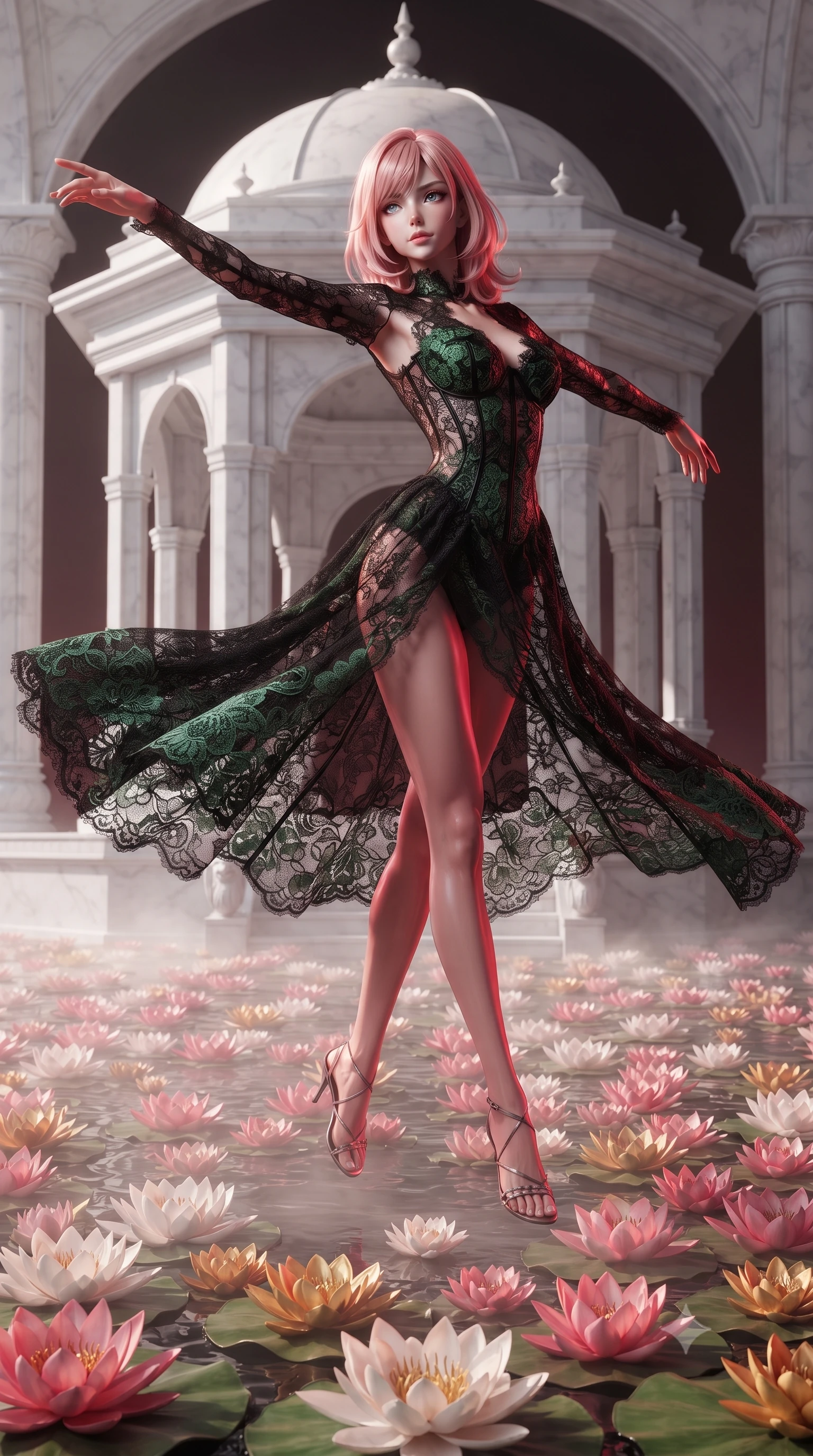 score_9, masterpiece, best quality, ultra-detailed, high-budget anime keyframe, editorial fashion photography, tasteful artistic composition, Japanese woman. low angle full-body shot from head to toe showing her feet, filling the entire 9:16 vertical frame with her statuesque presence, stretching her vertical silhouette. pirouetting mid-air inside a serene white marble temple in the center of a vast lake completely covered in blooming lotus flowers in pink white and gold their petals open to the morning sun with mist hovering just above the flower carpet. She has a statuesque 8.5-heads proportion, an exceptionally tall, slender and willowy model-like build with impossibly long legs and a highly sculpted ultra-slim waist. sharp v-shaped jawline, high-bridge nose, intricate jewel-like eyes with depth, thick eyelashes, glossy lips with a natural sheen. wearing a deconstructed lace gown in black, detailed with forest green lace panels and corset structure. deep crimson theatrical lighting with sharp specular highlights on every curve. 2k, ultra detail, master piece, 9:16 ratio