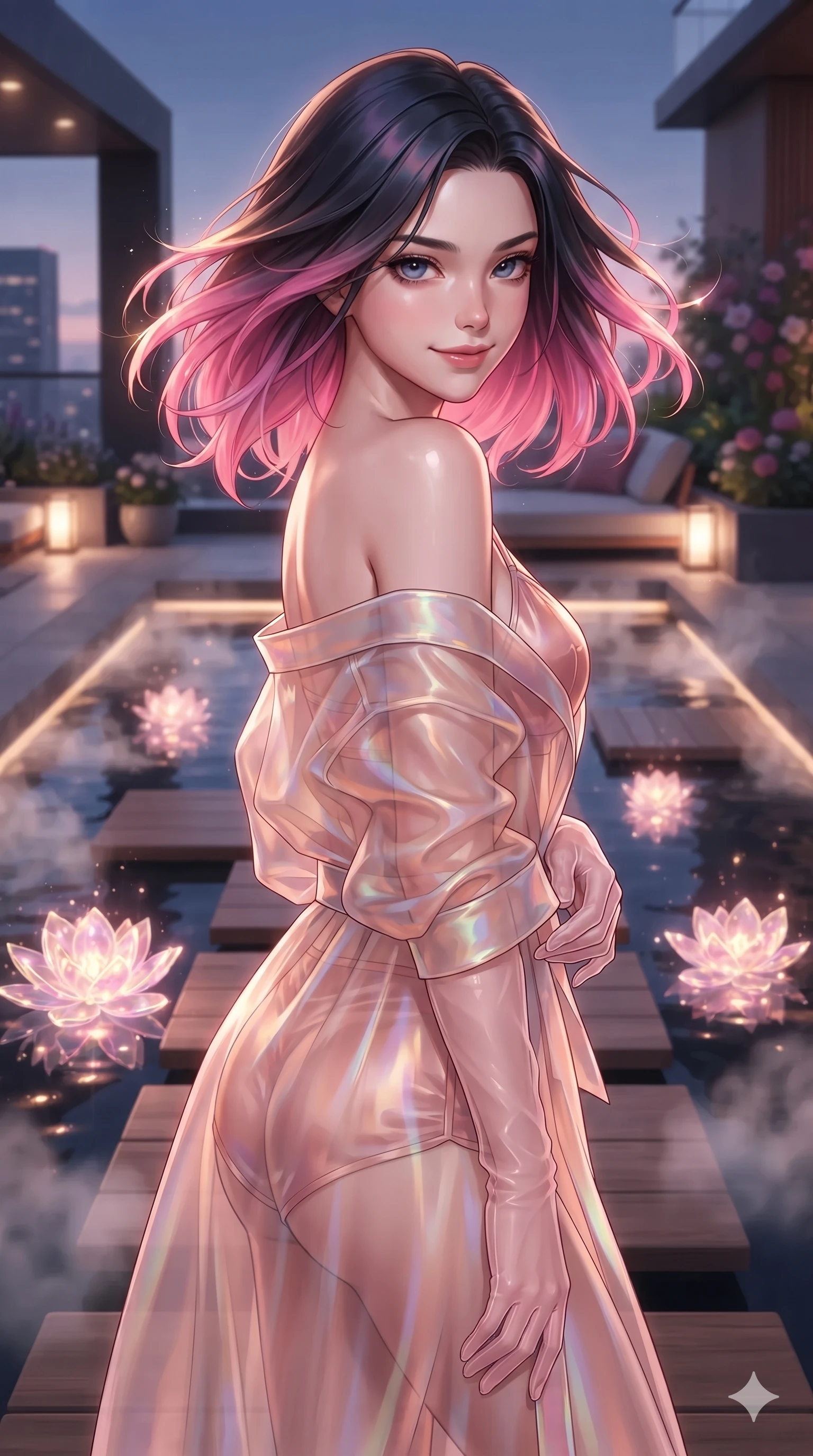 score_9, masterpiece, best quality, ultra-detailed, high-budget anime keyframe, editorial fashion photography, tasteful artistic composition, Korean woman. close-up cowboy shot from the waist and thighs up, the character dominates the composition, filling the frame with her large presence. turning slowly with an enchanting smoldering smile, her glossy hair tossing in the breeze as her hips angle gracefully in a captivating contrapposto while standing poised on the teak stepping stones across the black infinity reflecting pool, arching her lower back with magnetic siren charisma as floating holographic lotuses pulse in pink and gold. The background shows a soft-focus faint water garden mist softened in ultra-luxury penthouse terrace shallow focus. She has an exceptionally elegant, slender, and willowy female figure with an ultra-slim waist, flat toned midriff, narrow ribcage, and sculpted feminine hips creating an alluring, slim hourglass silhouette without bulk. sharp v-shaped jawline, high-bridge nose, intricate jewel-like sparkling eyes with depth, thick eyelashes, glossy parted lips with a natural peach sheen, bright cheerful beaming smile with an enchanting and coquettish sensual glint, exuding both youthful cute charm and seductive allure, flawlessly proportioned anatomical accuracy, strict slender model proportions, natural body alignment, perfectly sculpted long slender limbs, ultra-slim waistline, clean dynamic posture without body distortion. wearing a translucent iridescent organza kimono robe slipping off bare shoulders over a matching satin micro-bralette and micro-shorts in Solaris liquid rose-quartz and alien peach, crafted from stretch micro-mesh with liquid foil coating that shimmers with every movement, complemented by sheer opera-length evening gloves tracing her slender arms, the bespoke structured tailoring following the natural line of her 8.5-heads silhouette with refined elegance. bathed in the soft pink and gold radiance of holographic lotuses combined with warm 2500K deck recessed cove lights. ultra-reflective glossy finish, specular highlights, rich textural contrasts, high-contrast stereoscopic depth, volumetric dynamic lighting, 2k, ultra detail, master piece, 9:16 ratio