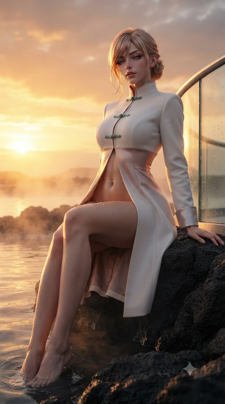 score_9, masterpiece, best quality, ultra-detailed, high-budget anime keyframe, editorial fashion photography, tasteful artistic composition, Caucasian woman. low angle full-body shot from head to toe showing her feet, filling the entire 9:16 vertical frame with her statuesque presence, stretching her vertical silhouette. sitting on the black basalt rock rim of the steaming geothermal lagoon, water droplets beading on her flat midriff and curvy hips while leaning against the aerodynamic helipad wind barrier with hips cocked back, gazing through the blazing golden hour sky with heavy-lidded seductive bedroom-eyes. The background shows a soft-focus high-altitude sunset haze softened in rooftop helipad vista shallow focus. She has an exceptionally tall and slender model-like 8.5-heads proportion, an ultra-slim waist, a flat toned midriff, narrow delicate ribcage, and beautifully sculpted feminine hips creating a graceful, slim hourglass silhouette without any bulky heaviness, with impossibly long slender legs. sharp v-shaped jawline, high-bridge nose, intricate jewel-like sparkling eyes with depth, thick eyelashes, glossy parted lips with a natural sheen, intensely captivating and seductive bedroom-eyes expression, exuding both youthful cute charm and sovereign luxury allure, flawlessly proportioned anatomical accuracy, strict slender model proportions, natural body alignment, perfectly sculpted long slender limbs, ultra-slim waistline, clean dynamic posture without body distortion. wearing a tailored high-collar velvet evening coat dress with structural waist cinching and satin cuff accents in celestial porcelain white and rose-gold, crafted from bespoke double-faced cashmere with an exceptionally soft tactile finish, finished with sleek jade frog closures glinting along her high collar, the impeccably tailored cut draping gracefully along her slender figure with aristocratic poise. illuminated by deck surface bounce and intense golden-crimson rim lights sculpting her razor-sharp jawline, narrow waist, and curvy hips. ultra-reflective glossy finish, specular highlights, rich textural contrasts, high-contrast stereoscopic depth, volumetric dynamic lighting, 2k, ultra detail, master piece, 9:16 ratio