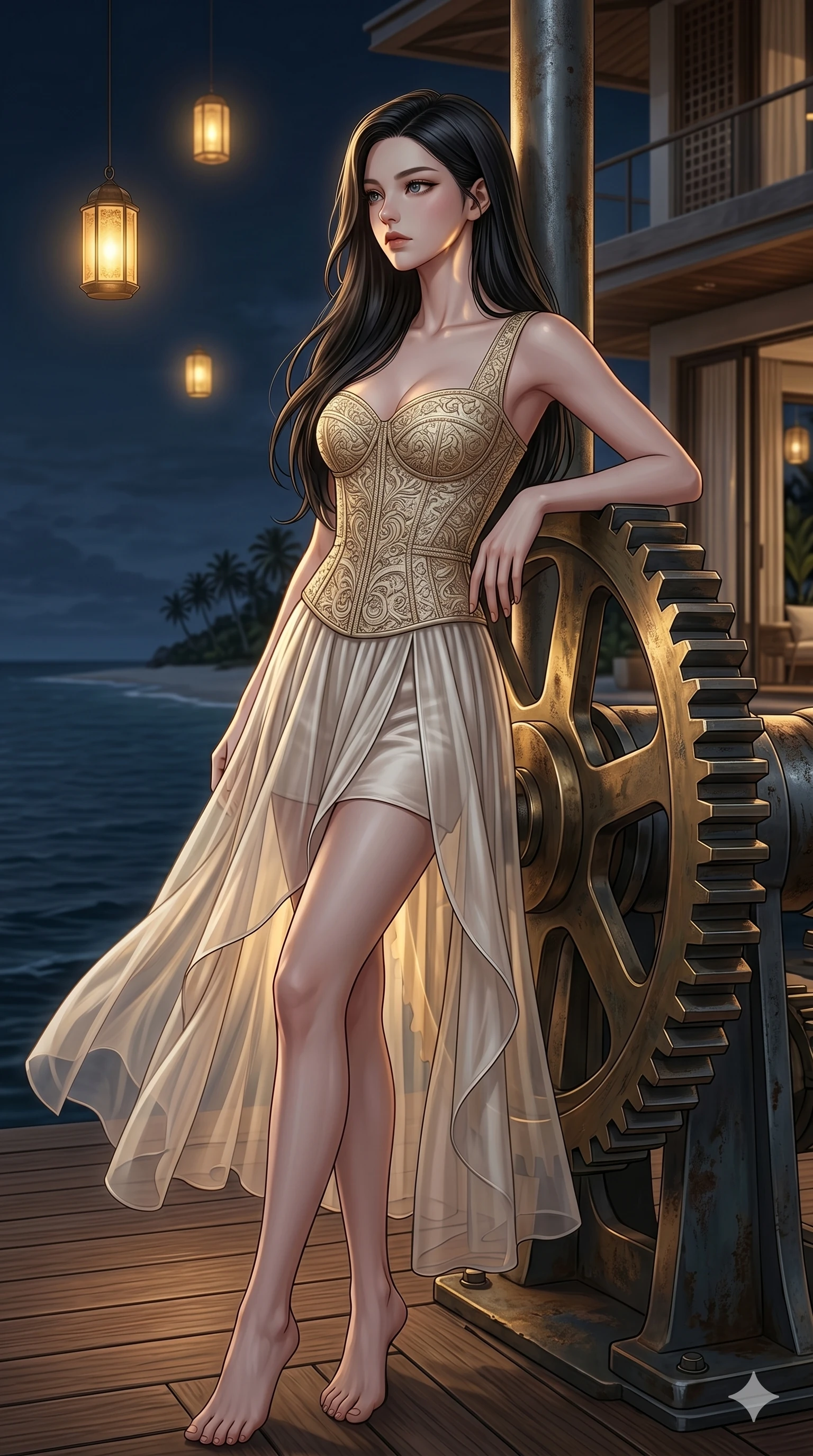 score_9, masterpiece, best quality, ultra-detailed, high-budget anime keyframe, editorial fashion photography, tasteful artistic composition, Korean woman. cowboy shot from the thighs up, character and outfit filling the frame for maximum editorial presence. leaning against a giant gear wheel, looking past the camera with quiet, thoughtful intensity on a private teak deck of a luxury beach villa overlooking the ocean (Code-P18-181). She has an absolutely perfect 8-heads proportion, an exceptionally tall and slender female figure with impossibly long slender legs and an ultra-slim waist. V-shaped jawline, high-bridge nose, intricate jewel-like eyes with depth, thick eyelashes, glossy lips with a natural sheen. wearing a fine patterned embroidery structured bodice top paired with translucent skirt. warm golden light from the floating lanterns, tracing the elegant curves of her neck. 2k, ultra detail, master piece, 9:16 ratio