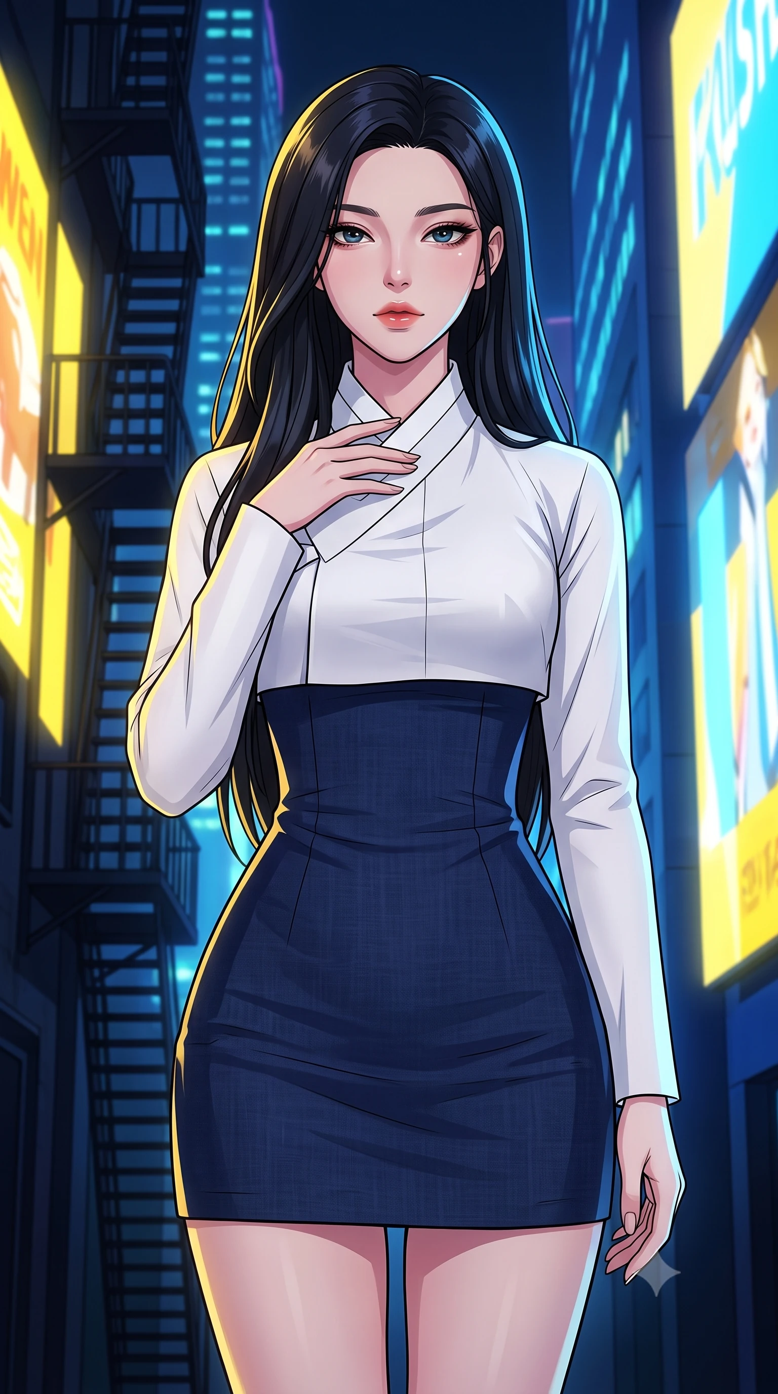 score_9, masterpiece, best quality, ultra-detailed, high-budget anime keyframe, tasteful artistic composition, Korean woman. close-up cowboy shot from the waist and thighs up, the character dominates the composition, filling the frame with her large presence, background elements kept in soft focus. standing with one hand resting on her collarbone, looking at the viewer with bedroom-eyes the background shows a soft-focus a narrow fire escape stairs attached to a towering neon skyscraper. She has an exceptionally elegant, slender, and willowy female figure with an ultra-slim waist, a gracefully sculpted slender torso, and a refined silhouette. sharp v-shaped jawline, high-bridge nose, intricate jewel-like eyes with depth, thick eyelashes, glossy lips with a natural sheen. wearing a slim-fit modern fusion hanbok dress with a navy blue linen skirt and a high-neck white silk jeogori wrapper. intense yellow and blue ambient glow from the massive advertisements across the street. highly saturated vibrant anime colors, cel-shading, 2d style, master piece, 9:16 ratio